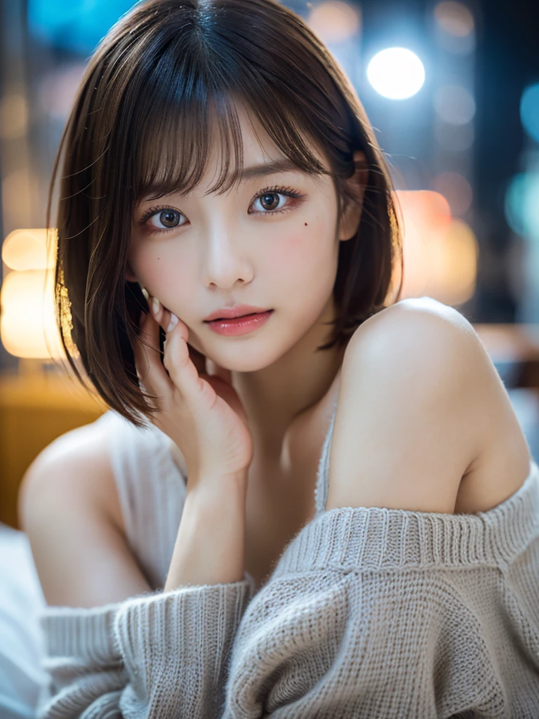 masutepiece , Best Quality, Ultra-detailed, Photo, extremely delicate and beautiful,High resolution, 1womanl, 25 years old, japanese beautiful woman,
Small breasts, Plump lips, Short hair, I have one small mole under my eye,
Detailed eyes,detailed facial features, detailed arms,Detailed fingers,Detailed legs,
Bedrooms,Sleeping in bed, off-the-shoulder sweater, blue small string panties,
Perfect dynamic composition, Beautiful detailed eyes , the beach, Sexy face, Face feeling ecstasy, ((Face at the peak of sexual arousal)), ((Feel of the face )),
(blue lights), Film grain, SLR camera, 35mm lens focal length