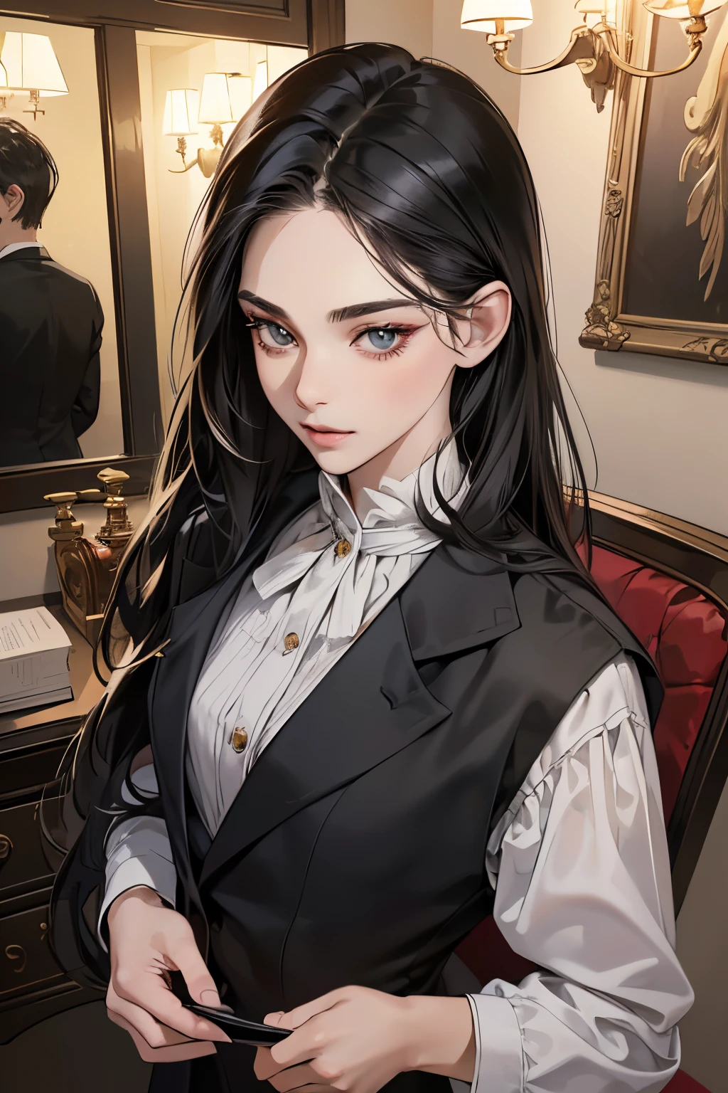(masutepiece, Digital Art, Digital Illustration, 4K, 8K, Ultra-detailed, beautiful image, Sharp Image, Photorealistic, Raw photo, Perfect face, Perfect lines, Perfect eyes, Soft lighting) 1 woman, (Long Black Hair,straight haired,Bullish gaze,Beautie,Woman in suit,Solid makeup,23 y-o woman,small tits:1.3),Secretary, Two handsome men in suits, (ember,Men in suits,well-muscled,Firm shoulder width, Man's,Boyish hairstyle,English gentlemanly style,Man in his 30s with a cool expression,28-year-old man with bright smile:1.2),Office scene at night,Antique furnishings,Antique Clamps,Antique chair,chandeliers,Antique furnishings