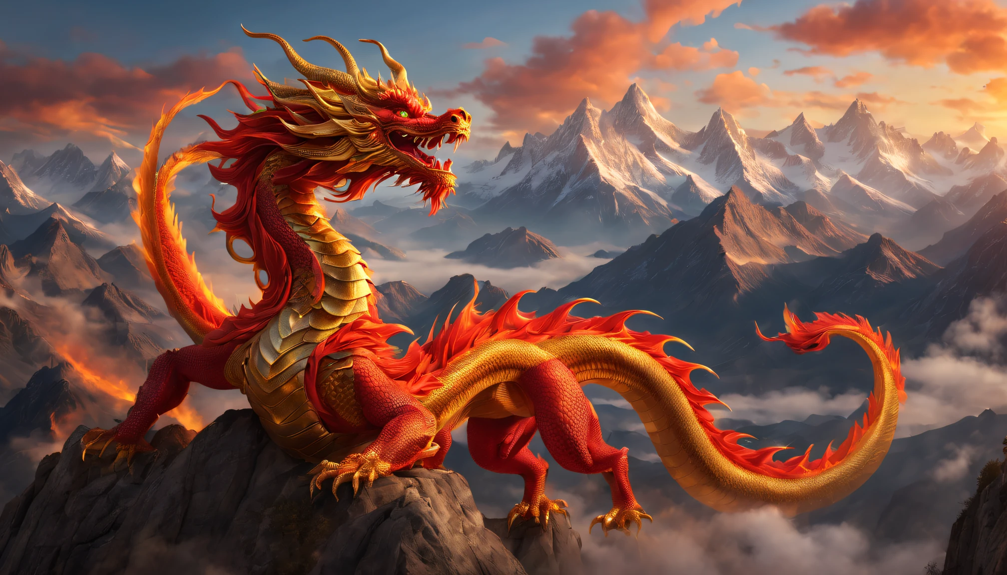 There  a fiery red Chinese dragon in the sky，long，gold eyes，Curly and powerful dragon tail，mountain peaks，Vivid colors and intricate details，illuminated by soft golden light，(Best quality at best,4K,8K,A high resolution,tmasterpiece:1.2),ultra - detailed,actual