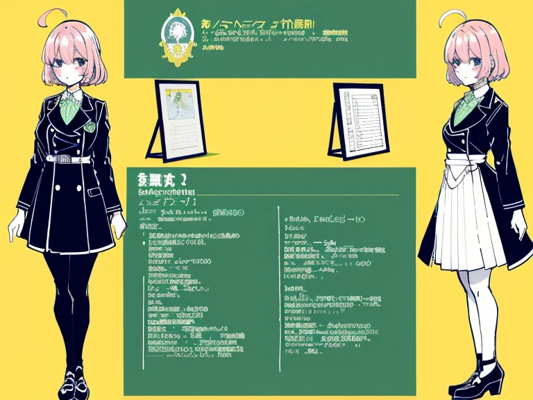 1girl in, ((Character information)、(Chara Leaf)、Type sheet, Character Sheets, Three types,Shot Full Body,Game Character Design,Colorful, Bright, character concept
