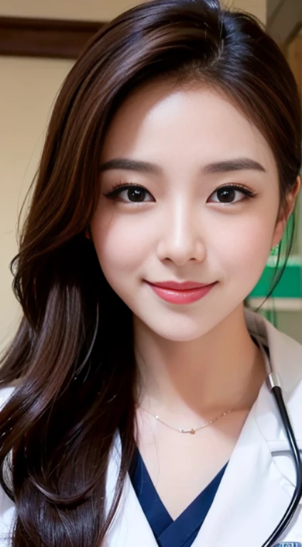 The most beautiful woman who works as a doctor、with shiny brown hair、Wearing a navy medical setup uniform、Stethoscope on the neck、Very enchanting.。She's full of confidence々Smiled at.、toward to the camera。her fashion and expressions、A perfect balance between cuteness and elegance、It draws the viewer in and doesn't let go.。Through this scene、Express her charm to the fullest。"