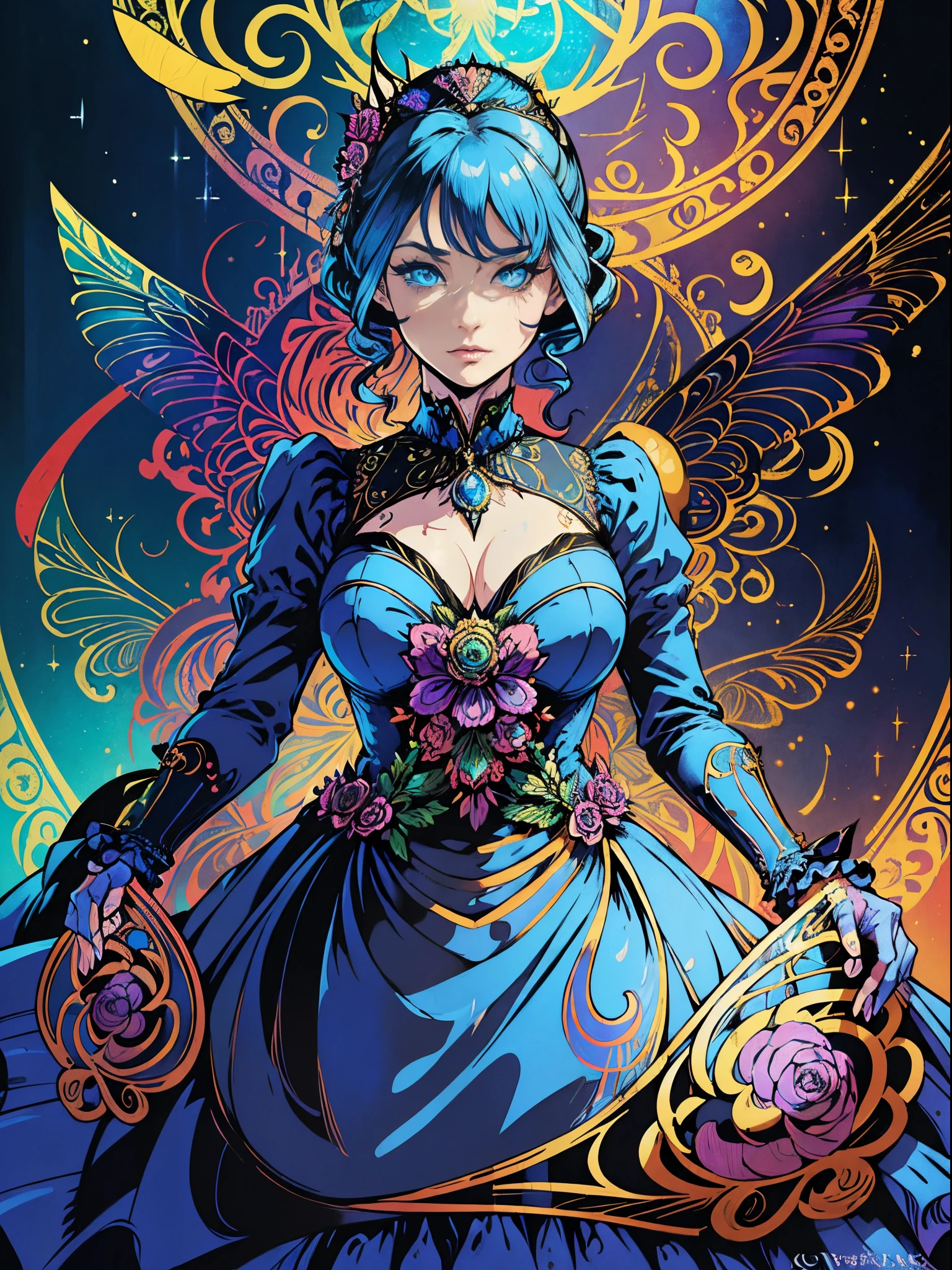 Butterfly motif、orange undertone、Vibrant colors、((masterpiece)))、(((top-quality)))、((ultra-detailliert))、(A hyper-realistic)、(highly detailed CGillustration)、Official art、Luxembourg in the early 20th century、Decadent、Madame Papillon、Cool Beauty、Masquerade、sophisticated menegance、Gorgeous、Colorful and detailed mask design、matchless beauty、Fans、gorgeous dress、jewely、Female Solo、Perfect Angle、perfect-composition