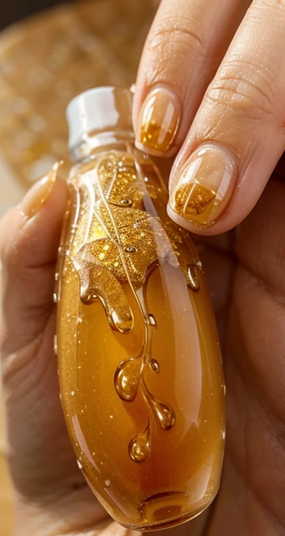 Design a hand model with nails featuring a Honey Drops design. Envision each nail as a work of art with its own honey drop, using golden and amber tones to represent the color of honey. Each drop can have translucent details to simulate the texture of honey. Place the honey drops strategically on different nails, creating a harmonious and elegant pattern. The background can be in soft tones that complement the honey colors, providing a subtle contrast to highlight the design. Achieve an effect that captures the sweetness and delicacy of honey drops.