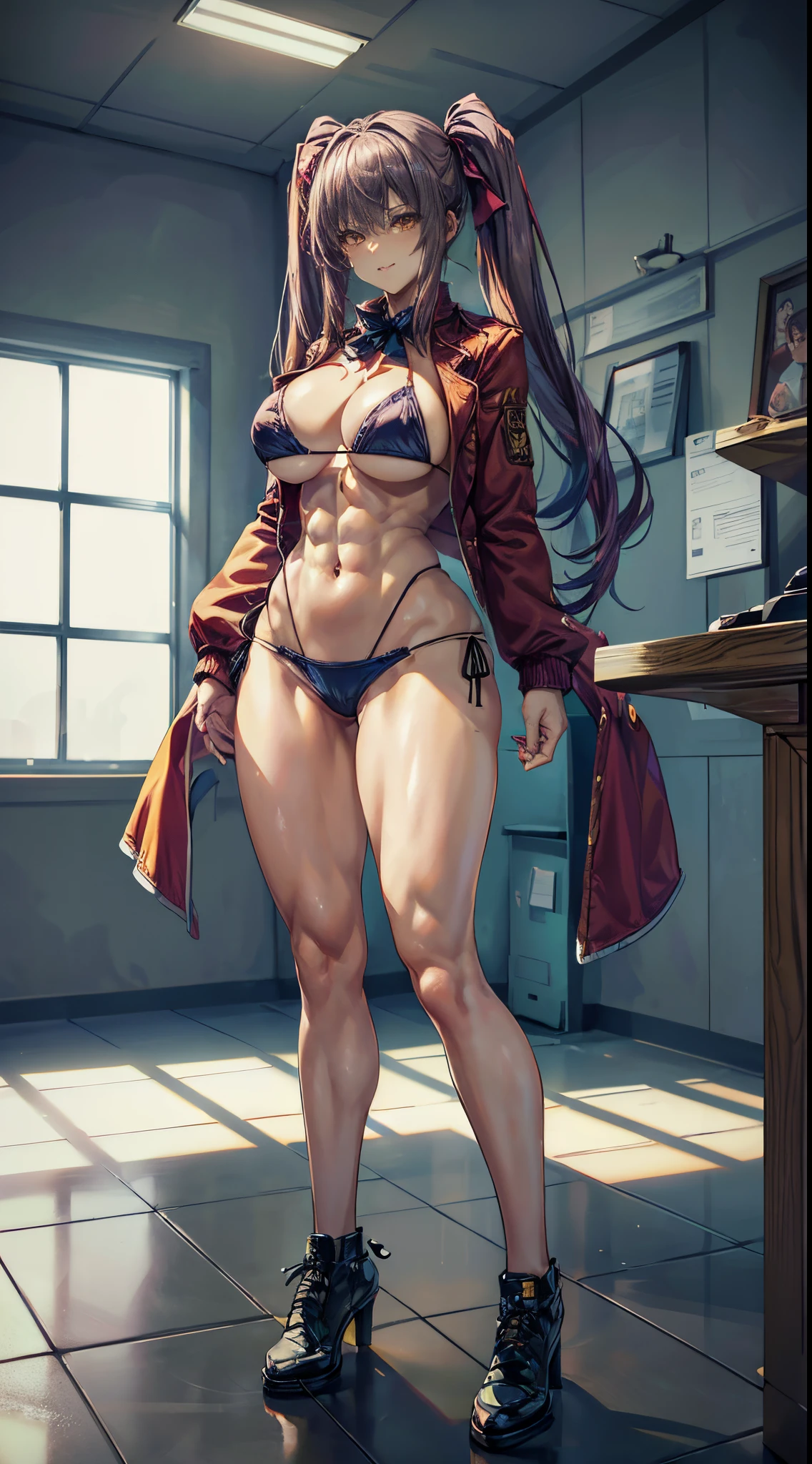 big breasts, a beautiful and cute lady, (((wearing a very short and sexy bikini))), at school, (muscular ass), (small waist), (only butt), wide hips, (full body photo) , (((Ichika Amasawa))), white skin, red ribbons in her hair, (((bright yellow eyes))), good anatomy, perfect hands, (perfect muscular legs), thin waist, muscular abdomen, wearing black shoes in high heels, (((body photo))) , (standing), (((looking at me showing me her huge, muscular ass))), (Hair color Magenta ), camera under the ass, Hair smooth, (((twintails hair, (extended yellow eyes), anime, minimalism, anime style, ray tracing, cinematic lighting, shine, JPEG artifacts, bright light, divine rays, backlight, symmetry, panorama, Sony FE , hard drive, master piece, precise, anatomically correct, Super Detail, best quality, hard drive, Loudest, 16k