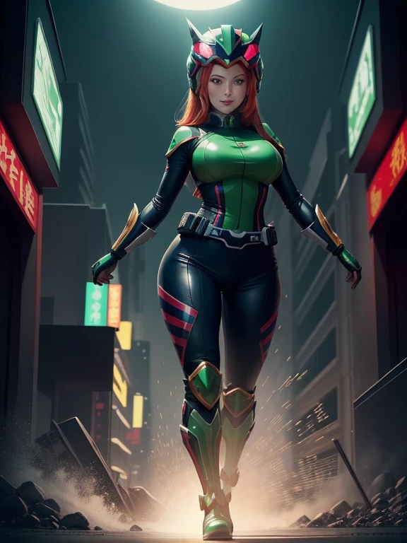 (Full body photo:1.5). (1Laura/woman/Chinese:1.5), (big breasts:1.2), (Wearing Kamern Rider costume/extremely tight on body/helmet on head:1.2), she's in a futuristic city in battle pose raining hard at night:1.3), she has (red hair:1.0), (green eyes:1.0), (she's looking at the viewer, smiling, fist clenched, she's extremely exhibitionist:1.3), Kamen Rider, Tokusatsu, anime, framed, symmetry, 16k, best quality, super detail, textured skin, UHD