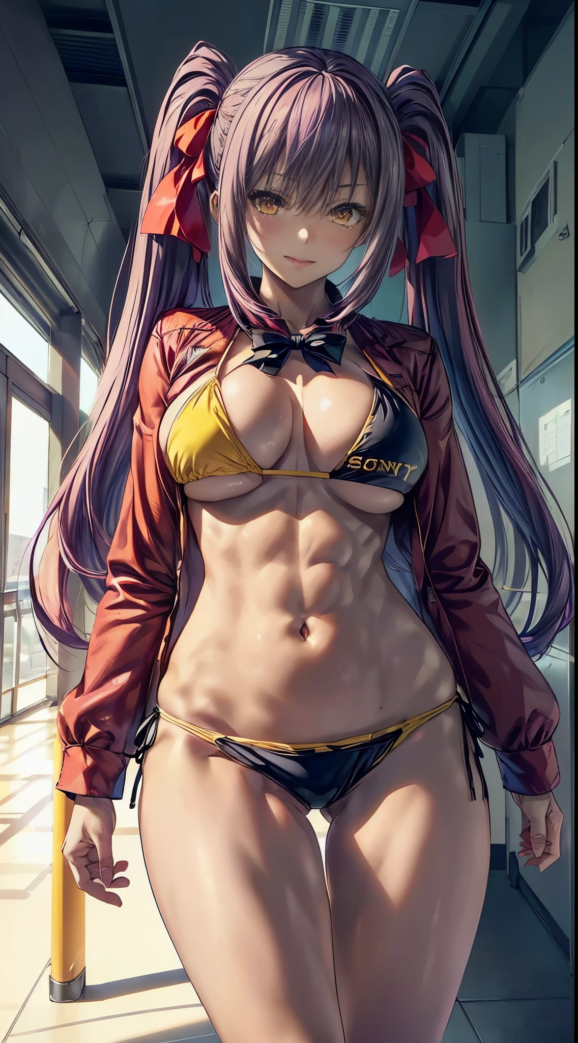 big breasts, a beautiful and cute lady, (((wearing a very short and sexy bikini))), at school, (muscular ass), (small waist), (only butt), wide hips, (full body photo) , (((Ichika Amasawa))), white skin, red ribbons in her hair, (((bright yellow eyes))), magenta hair color, good anatomy, perfect hands, (perfect muscular legs), slim waist, abdomen muscular, wearing black high heel shoes, (((body photo))) , (standing), (((looking at me showing me his huge muscular ass))), (Hair color Magenta ), camera under the ass, straight hair, (((twintails hair, (extended yellow eyes), anime, minimalism, anime style, ray tracing, cinematic lighting, shine, JPEG artifacts, bright light, divine rays, backlight, symmetry , panorama, Sony FE, hard drive, master piece, precise, anatomically correct, Super Detail, best quality, hard drive, Loudest, 16k