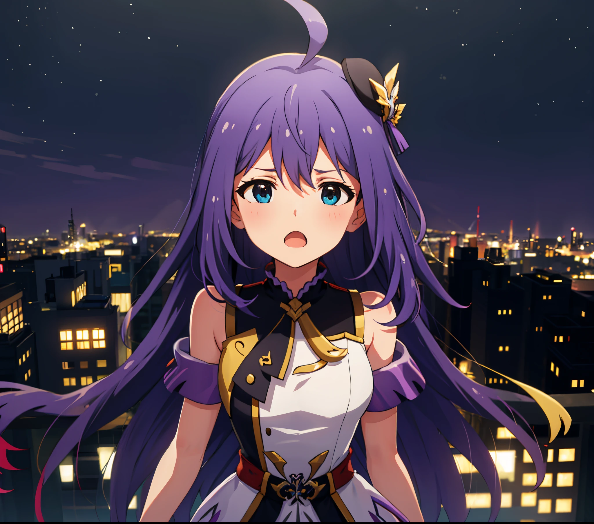 {{{{{mochizuki anna}}}}},1girl,solo,long hair,purple hair,small_ahoge,blue eyes.short stature.skirt.(((masterpiece))).(((best quality))).((ultra-detailed))).(((illustration))).night view.small Breasts.Sad face.up chest.open mouth.idol clothes.beret.White T-shirt.