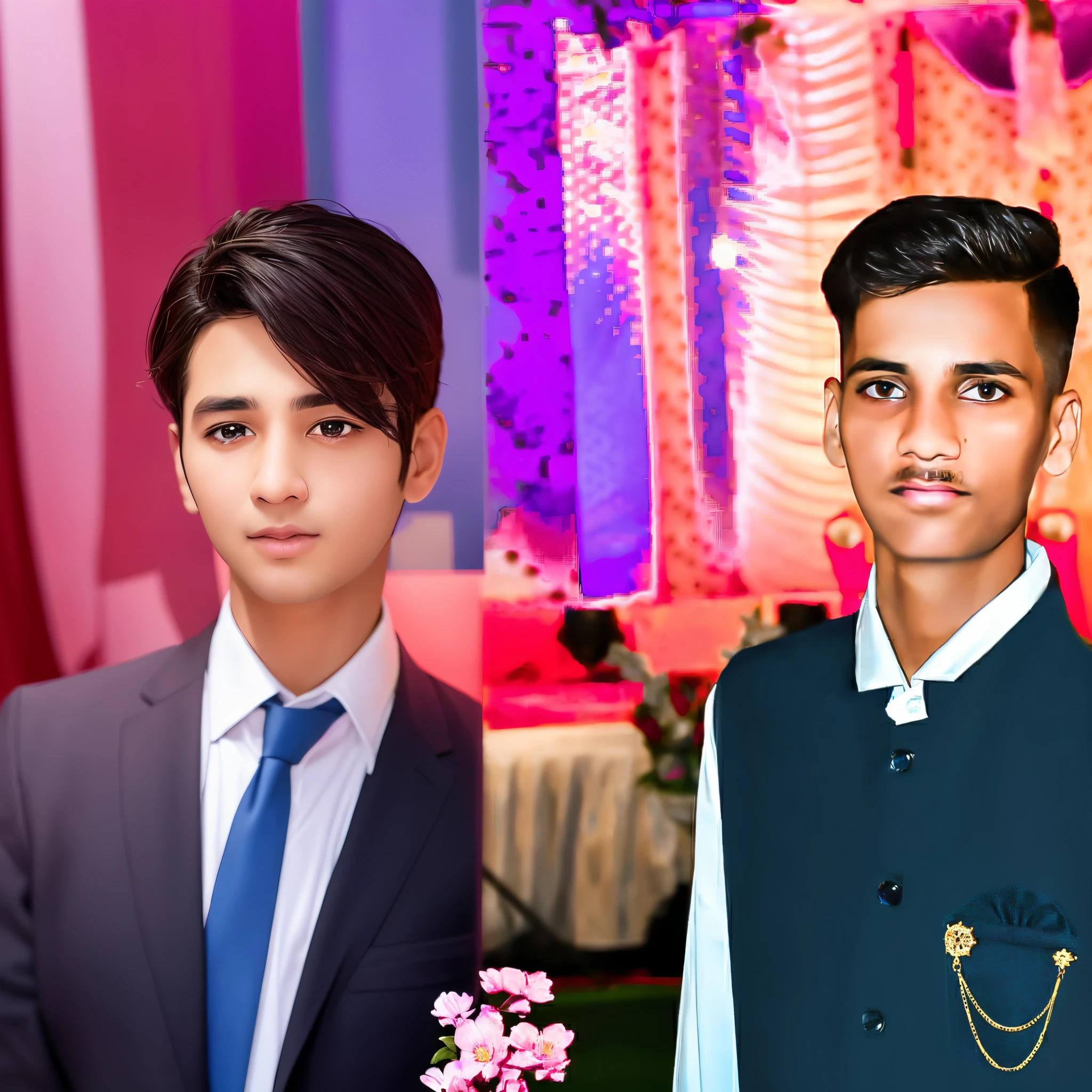 arafed man in a blue vest and white shirt standing in front of a table with flowers, inspired by Saurabh Jethani, edited in photoshop, [ digital art ]!!, with lovely look, candid picture, digital art picture, made with photoshop, groom, photoshoped, digital art but photo, young commoner, digital art!!