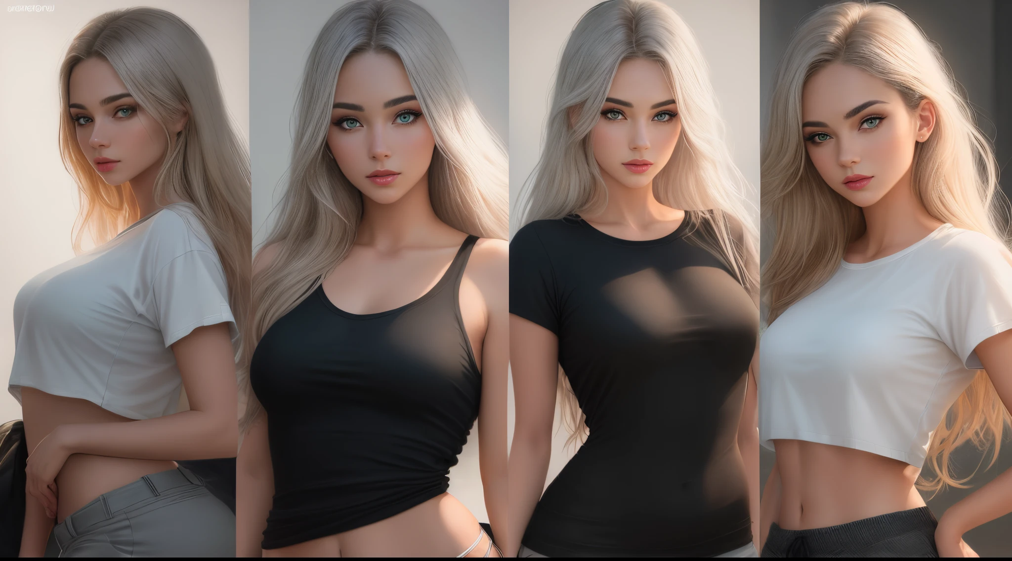 1 girl named Sarah with long blonde gray hair, dyed loose hair, Long hairstyle, perfect detailed face, Detailed symmetrical green eyes with a round iris, Beautiful, Walking and posing, Look at the observer, 19-year-old girl, looks like Madison Beer, extremely detailed face, Model, Realistic, Real life, perfect photorealistic picture, Realistic, , hourglass figure, Stunning realistic photography, Detailed fingers, detailed realistic face, Soft fingers, real human nails, Extremely attractive girl, perfect detailed tan, small eyes, perfectly detailed face with realistic complexion and finely porous skin, small nose, Model, Perfect posture, Natural limbs, long legs, detailed symmetrical eyeballs, symmetric eyes, Realistic eyeballs, Realistic detailed eyes, cute plump closed lips, makeup, no long neck, no long waist, Perfect proportional body, seductive gaze, Looking in the direction of the viewer, Fascinating facial features, ah high, two arms, Two legs, one head, tiny breasts, realistic natural bodies, realistic shadows, Mystical insight, 8K, UHD, ((body facing the viewer, pointing at the camera)), "wide-angle", Full-body shot, full pose, photo studio white background, tempt a little, Cinematic world, Cover photo in the center of Hipereallistic, Stunning full-color, Cinematic, neoprene, behance contest winner, portraite of a, presented at UnsplasH, stylized digital art, Smooth, extra high resolution, Wearing an oversized white T-shirt and black Acronym J36-S sweatpants.. (T-shirt only white), black and white sneakers, instagram model, 80mm ,  Streetwear , Realistic,round ass