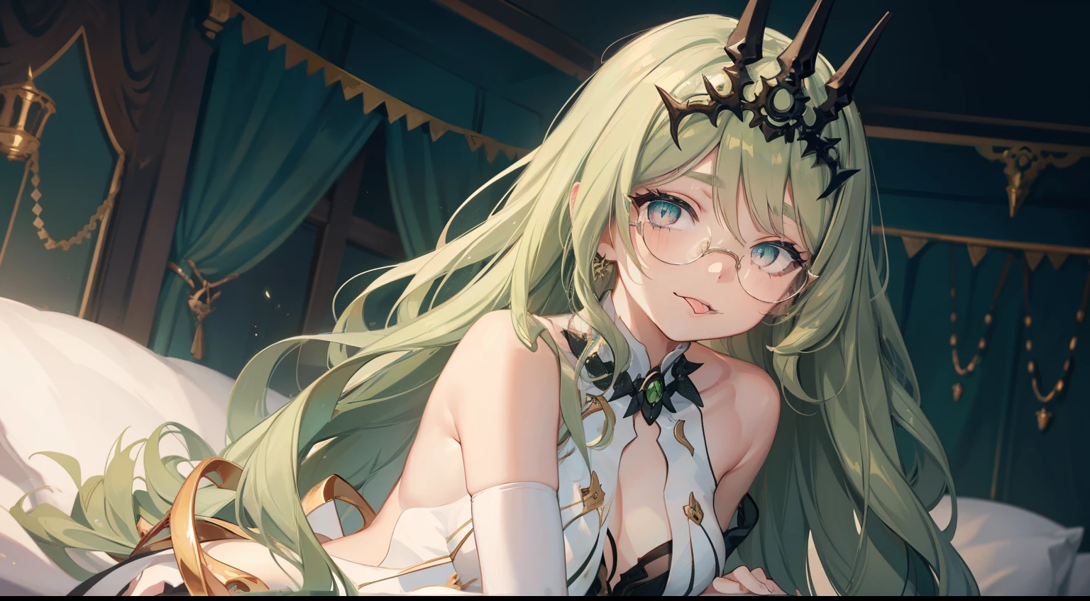 1 girl，Best quality, tmasterpiece, Long green hair, beautiful,detailed eyes, green eyes, HD, crown, glasses, extremely detailed, Visually inspect the audience, Mouth sticking out tongue，The face is slightly red，is shy，full bodyesbian，adolable，Lori small breasts cleavage，white dresses，sitting on his knees on the bed