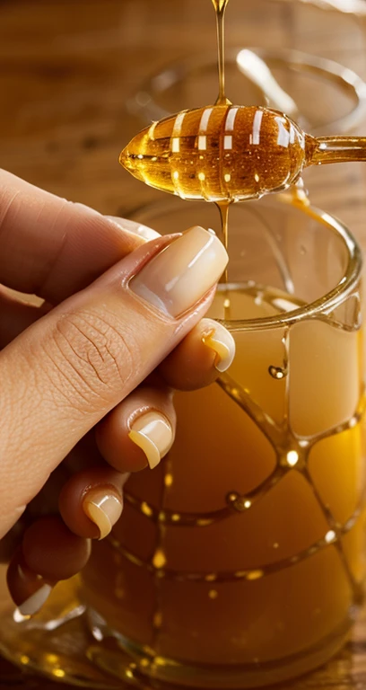 Design a hand model with nails featuring a Honey Drops design. Envision each nail as a work of art with its own honey drop, using golden and amber tones to represent the color of honey. Each drop can have translucent details to simulate the texture of honey. Place the honey drops strategically on different nails, creating a harmonious and elegant pattern. The background can be in soft tones that complement the honey colors, providing a subtle contrast to highlight the design. Achieve an effect that captures the sweetness and delicacy of honey drops.