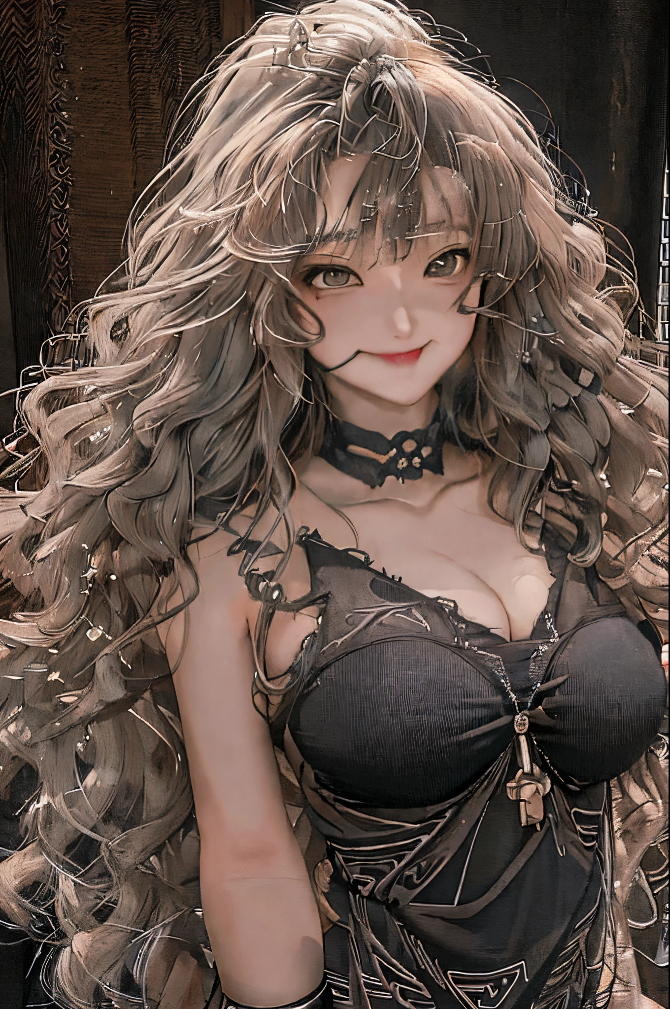 curly hair, long hair, seductive smile, rape face, anime, anatomically correct, masterpiece, textured skin, high details, award winning, best quality, UHD, 20 year old girl, wearing elegant black loincloth dress, curvaceous slim body.