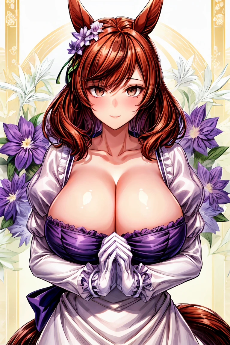 fantasy style, floral background, romance manhwa, 1girl, nicenature, solo, horse ears, horse girl, flower, dress, tiara, white dress, gloves, long sleeves, thick eyeblows, purple dress, white gloves, purple bow, purple flower, standing, bow, jewelry, looking at viewer, white background, closed mouth, collarbone, smile, puffy sleeves, own hands together, upper body, parted bangs, brown hair, frills, bangs, cowboy shot, gigantic sagging breasts, cleavage