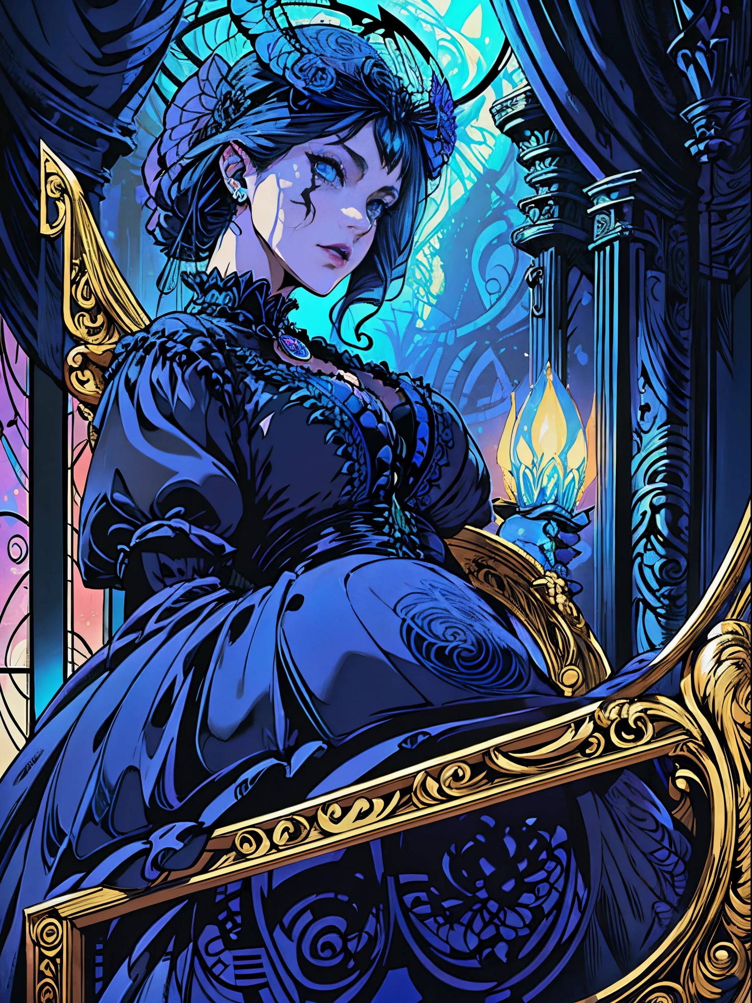 Butterfly motif、royal blue with black undertones、Vibrant colors、((masterpiece)))、(((top-quality)))、((ultra-detailliert))、(A hyper-realistic)、(highly detailed CGillustration)、Official art、Luxembourg in the early 20th century、Decadent、Madame Papillon、Cool Beauty、Masquerade、sophisticated menegance、Gorgeous、Colorful and detailed mask design、matchless beauty、Fans、gorgeous dress、jewely、Female Solo、Perfect Angle、perfect-composition、