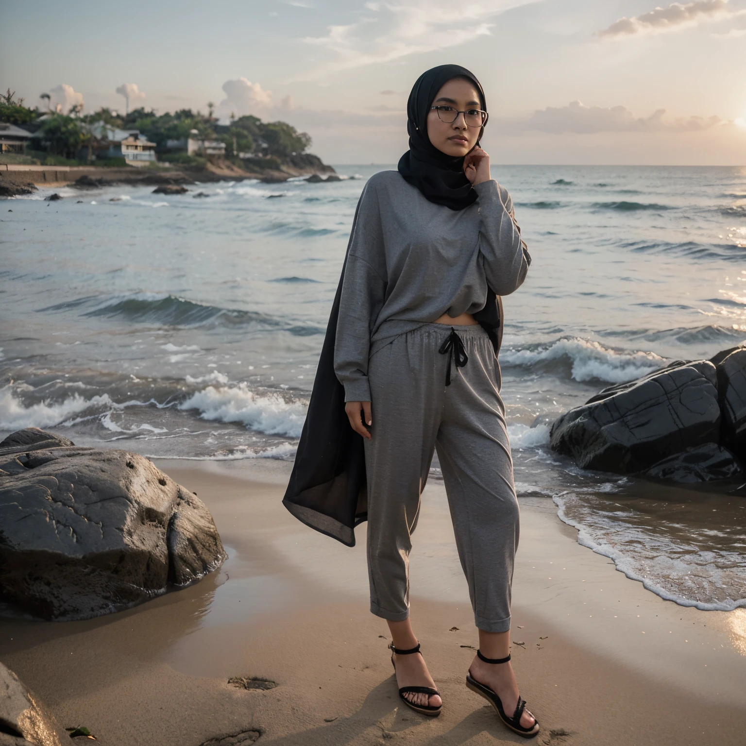 Create an artwork featuring a Muslim Indonesian woman wearing a black hijab that covers her chest. She wearing glasses and donned in an oversized, cloud-patterned gray shirt. Her black, loose-fitting pants are complemented by white sandals. Standing at approximately 155 cm tall and weighing 55 kg, she wears subtle lipstick and has a confident demeanor.
The scene set on rocky shores during a sunset, with the sun positioned directly above her head. She stands with her back to the viewer, her left foot forward, and her left hand near her ear, as if about to run her fingers through her hair. Capture the moment from a front perspective with a slightly downward angle Feel free to interpret and embellish the details to bring your artistic vision to life!