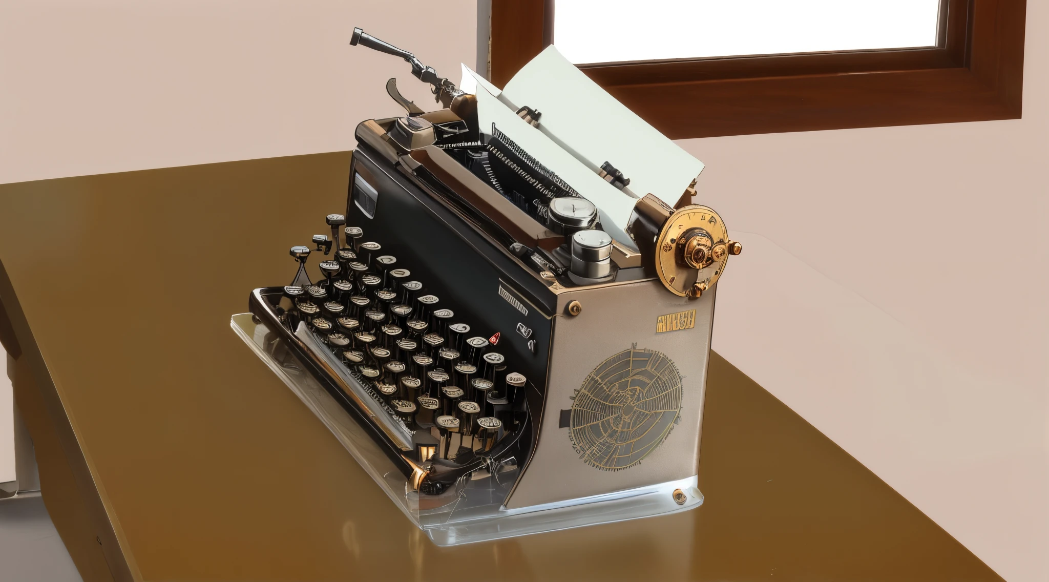 there a typewriter with a on it sitting on a table, early xx century technology, manufactured in the 1920s, full - view, screenwriter, old timey, defunct technology, vintage - w 1 0 2 4, computer, retro machinery, photo render, steampunk! fiction, by John Alexander, retro - vintage, steampunk tech, anime background, 4k anime background, 4k detailed,