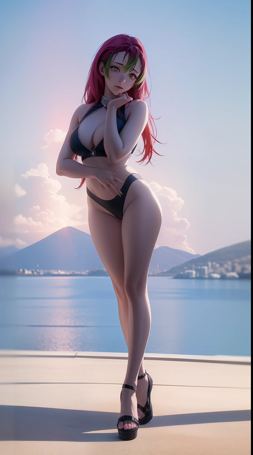 Hyper-realistic super detailed sexy Mitsuri Kanroji, NSFW, muy detallado, expresiones faciales sexys, Detail of seductive facial expression.: 1.4): 0.4], 16K resolution, 4k-resolution, dynamic  lighting, high-definition resolution, (pose sexy, Attractive position), (hiperrealista: 1.4), (Luz de fondo: 1.2), (Luz solar: 1), (altura completa: 1.8),(fondo contrastante: 1.5), (Hyperrealistic arm anatomy), (hyperrealistic leg anatomy), (Piel limpia), (Cinematic lighting: 1.7), (intimo), (Tecnología NVIDIA RTX Ray Tracing), (Perfect flat stomach), (Imagen en color),Create a 4K resolution, ultrarrealista, y obras de arte extremadamente detalladas que muestran a un CEO de Mitsuri Kanroji en un entorno de oficina corporativa con un estilo provocativo. Mitsuri Kanroji, el personaje central de la obra de arte., Conocida por su presencia imponente y su apariencia audaz. Ella se para frente a una gran ventana de vidrio de una oficina moderna que ofrece una vista del paisaje urbano..

 ((Mitsuri Kanroji (Asesino de demonios))), una chica con el pelo largo degradado de color verde rosado y ojos verdes, cabello verde, Cabello degradado, cabello multicolor, Cabello largo. Sha tiene una presencia imponente. Tiene una silueta provocativa pero profesional, con un traje de negocios entallado que resalta sutilmente su figura. Su maquillaje atrevido, with striking red lips and a look that demands attention.

She dressed provocatively,  A bold fashion statement. leotardo de colores brillantes, un toque de glamour a su apariencia general. shy and weak smile