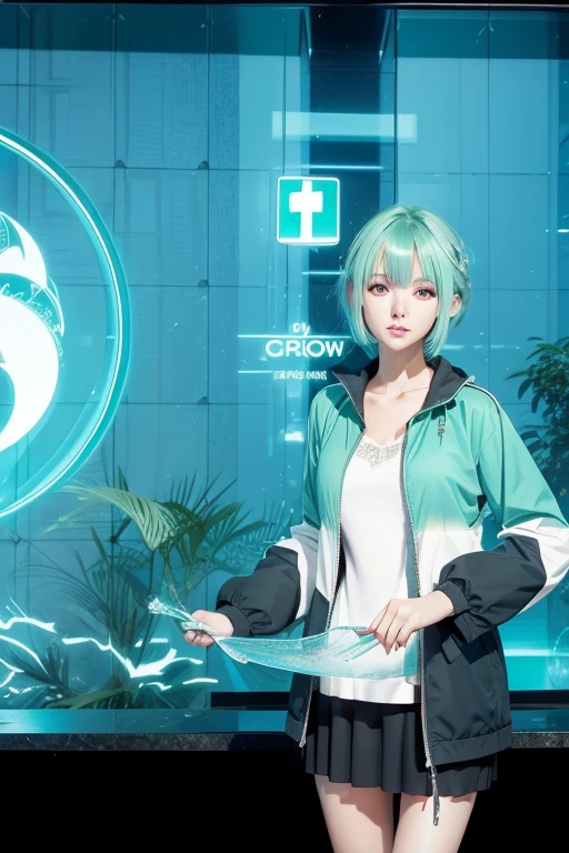 shorth hair、A smile、Short hair,green colored hair,Emerald hair,Beautiful bangs、40 years、Glowing white shiny skin、Know、Flow of hair that extends to the face、bangs between eyeliner hair、high resolution eye beauty, Bright and clear, Big light blue eyes shine charmingly、Green dress、White jacket、eye liner、(Ultra Real), (Illustration), (High resolution), (in 8K), (Very detailed), (Best Illustration), (Beautiful quality with attention to detail), (ultra-detailliert), (masutepiece), (Wallpaper), (Detailed face), drooing eyes,Upper Body Up, Solo, Colossal tits