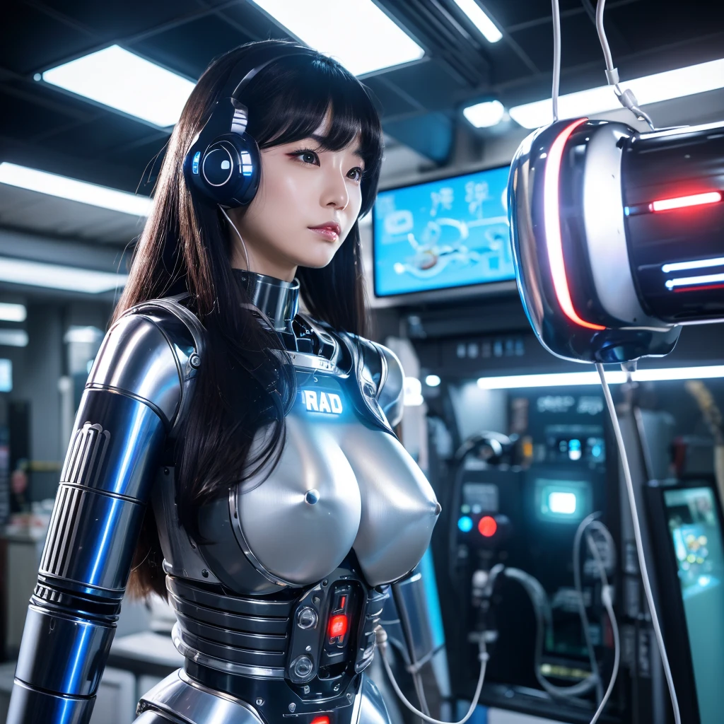 37 year old beautiful Japanese woman dressed as a robot, Long Black Hair, Retro robot body with silver metallic from the neck down、big breast robot、
Inorganic eyes like a robot、
Robot-like ears、
Robot girlfriend charging capsule into body.、
cable connected to the body、
Research institution background、Anime style