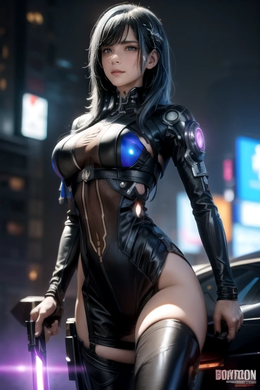 Beautiful woman, Anti-hero in black and purple uniform, Laser sword in hand, White skin, Long Black Hair, Portrait, Jeff Bridges, ((Cartoon style)), Marvel Cinematic Universe Style, (((cyberpunk city in the background))), Soft bokeh of the futuristic city, Atey Ghailan, Jeremy Mann, Greg Manchess, Antonio Moro, Trending in art stations, CGsociety trend, Convoluted, high detailing, Sharp Focus, Mid-Journey and dramatic and photorealistic pictorial art by Greg Rutkowski, Bokeh in the background