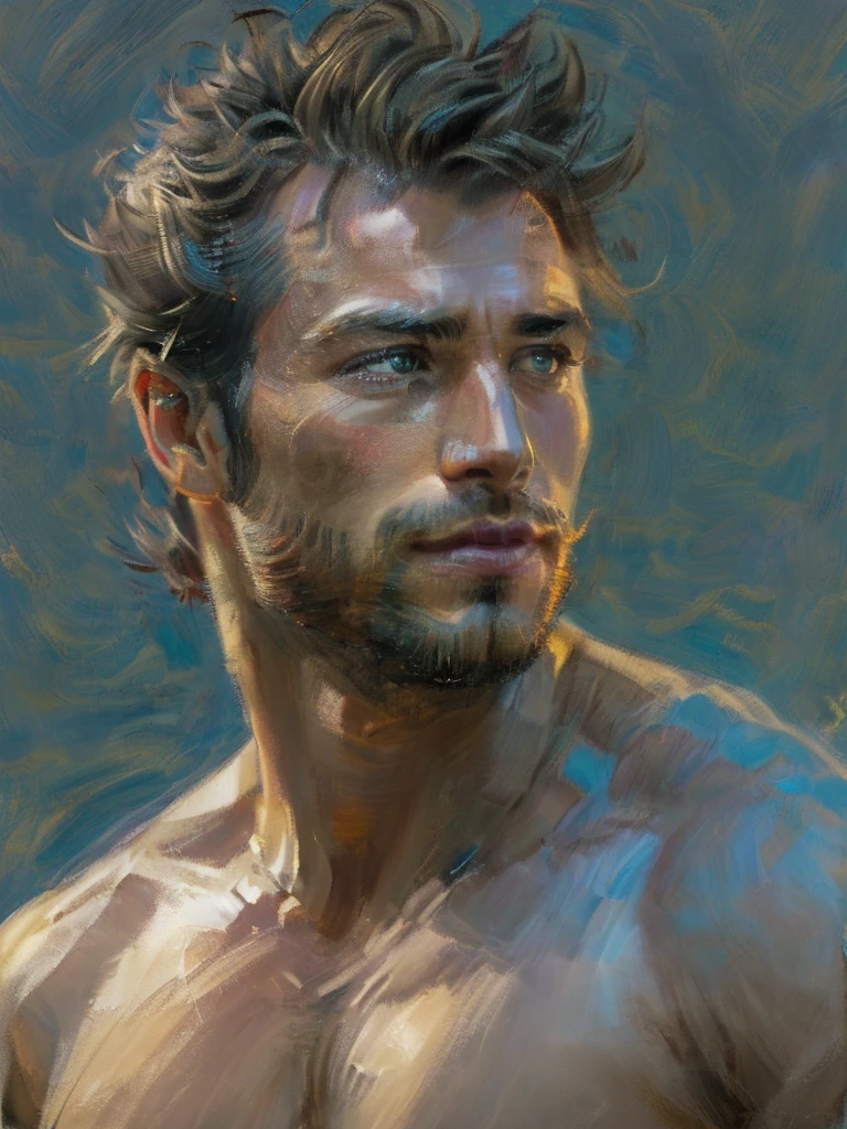 (oilsketch) of (one male), (looking at viewer), (side view), (upper body:1.5),
Very detailed manly face, heroic, detailed realistic open blue eyeuscular:1.5), (big muscleassive pecs), (hairy pecs), narrow waist and hiplack hair), (slight smile), (shirtless) (topless male).