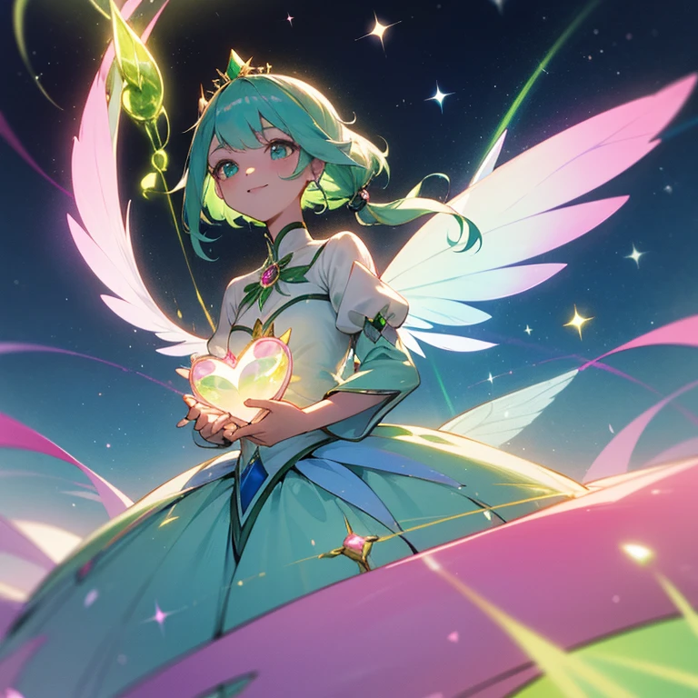 17 age,a beauty girl,Precure,Transparent white skin,European style,fairy of leaves and love,Emerald green and white dress with rainbow jewels,Colorful eyes,Sparkling eyes,eyes full of love,animesque,blue green hair,long pony tail,golden tiara with jewels,Gentle,Cool,Full of love,stele,Leaf motifs,fronds,Images of nature,Aurora pastel green fluffy long skirt,bro,The human,huge smile,pastel rainbow fairy wings,Aurora,rainbows,独奏,high-level image quality,hightquality,Best Quality,Pastel Rainbow,tenderness,heart,aurora ribbon,pink heart jewelry,white glove,cute little,myterious,easygoing,发光,wind motif,fluttering sleeves,Pedras preciosas,pure,angelicales,faerie,Fantasia,Fancy,Magical,Emeraude,peridot,Rose Quartz,opal,rainbow jewel,a moon,night sky full of stars,kosmos,Aurora,magical forest,presence,Using the magic of leaves and love,I'm holding a sparkling aurora pink heart-shaped jewel in my hand,Previous