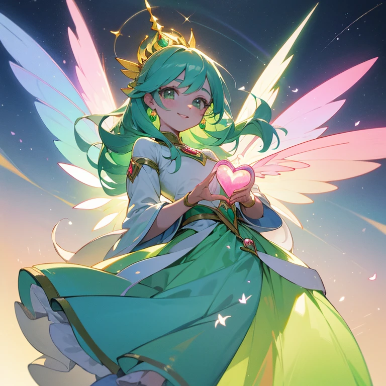 17 age,a beauty girl,Precure,Transparent white skin,European style,fairy of leaves and love,Emerald green and white dress with rainbow jewels,Colorful eyes,Sparkling eyes,eyes full of love,animesque,blue green hair,long pony tail,golden tiara with jewels,Gentle,Cool,Full of love,stele,Leaf motifs,fronds,Images of nature,Aurora pastel green fluffy long skirt,bro,The human,huge smile,pastel rainbow fairy wings,Aurora,rainbows,独奏,high-level image quality,hightquality,Best Quality,Pastel Rainbow,tenderness,heart,aurora ribbon,pink heart jewelry,white glove,cute little,myterious,easygoing,发光,wind motif,fluttering sleeves,Pedras preciosas,pure,angelicales,faerie,Fantasia,Fancy,Magical,Emeraude,peridot,Rose Quartz,opal,rainbow jewel,a moon,night sky full of stars,kosmos,Aurora,magical forest,presence,Using the magic of leaves and love,I&#39;m holding a sparkling aurora pink heart-shaped jewel in my hand,Previous