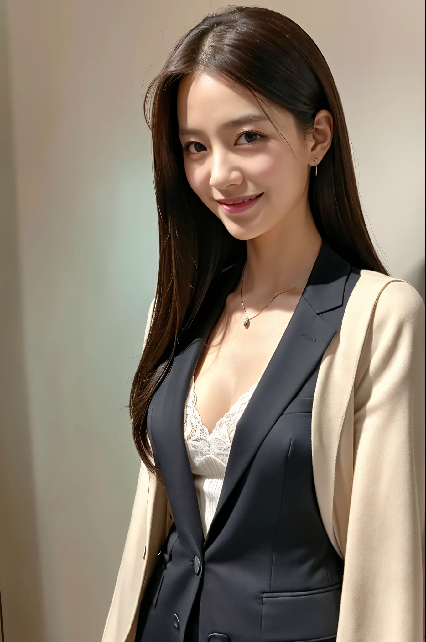 ulzzang -6500-v1.1, (Raw photo:1.2), (Photorealsitic), Beautiful detailed, Famous popular actresses、 (Real: 1.4), extremely detailed eye and face, beatiful detailed eyes, ((Late Night Office:1.2)), ((Women's Suits:1.3, Ultra-realistic pantyhose:1.2))、selfee、Instagram、harsh trial、game_nffsw, captured from behind、huge filesize, hight resolution, ighly detailed, top-quality, [​masterpiece:1.6], illustratio, ighly detailed, nffsw, finely detail, top-quality, 8k wallpaper, Cinematographic lighting, 1 milf, 42 year old, perfect body type, Beautiful big drooping eyes、Pieckfinger, ((masutepiece)), Best Quality, 1 milf, eye shadow,  high-heels、Portrait, ((FULL BODYSHOT:1.4))、(Very affectionate smile:1.2)、realistic skin textures、shinny skin、turned around、Exposed thighs!!!