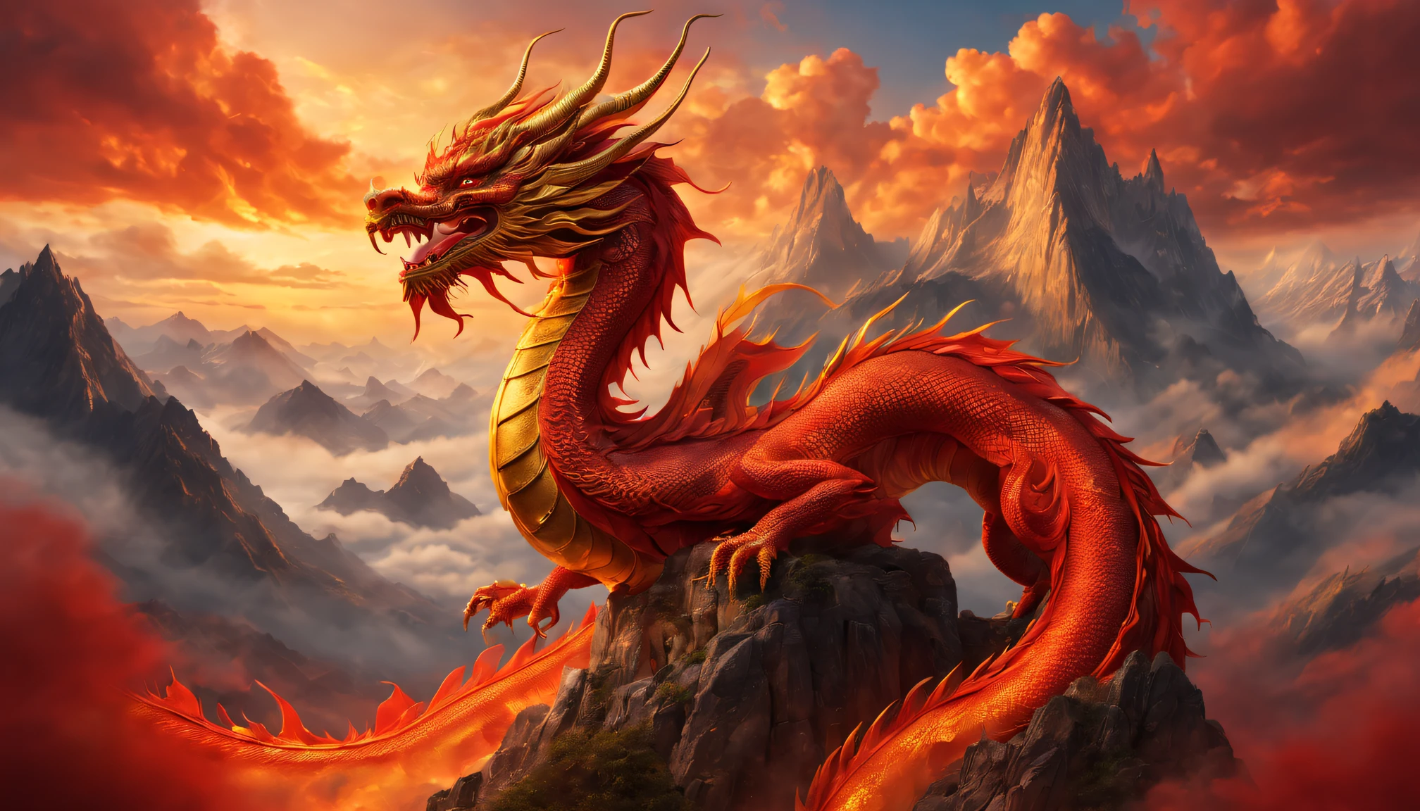 There  a fiery red Chinese dragon in the sky，long，golden eye peak，Vivid colors and intricate details，illuminated by soft golden light，(Best quality,4K,8K,A high resolution,tmasterpiece:1.2),ultra - detailed,actual