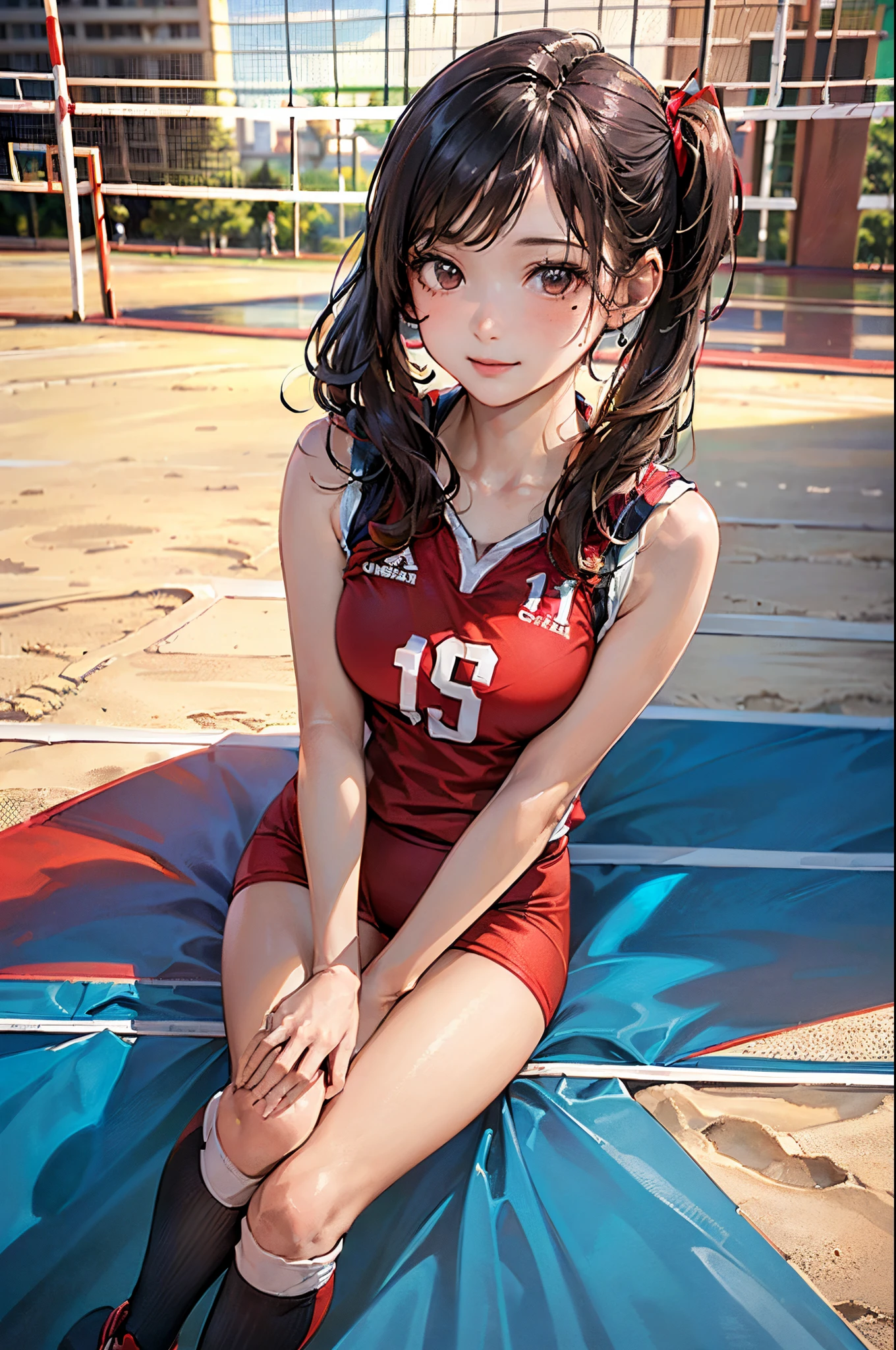 ((((perfect anatomy, anatomically correct, super detailed skin)))), 1 girl, japanese, 16 years old, volleyball player, shiny skin, watching the view, 
beautiful hair, beautiful face, beautiful detailed eyes, brown eyes, (long hair:1.7, side ponytail:1.5), babyface, mole under eye, 
beautiful collarbones, beautiful body, Beautiful breasts, beautiful thighs, beautiful legs, large breasts:0.5, seductive thighs, cameltoe, bare arms, bare hands, bottmless, 
((symmetrical clothinetallic, red volley_uniform, sleeveless, red volleyball uniform, red buruma)), 
smile, sitting floor, ((((m leg, spread legeautiful scenery), morning, ((inside volleyball field)), 
(8k, top-quality, masterpiece​:1.2, extremely detailed), (photorealistic:1.2), beautiful illustration, natural lighting,