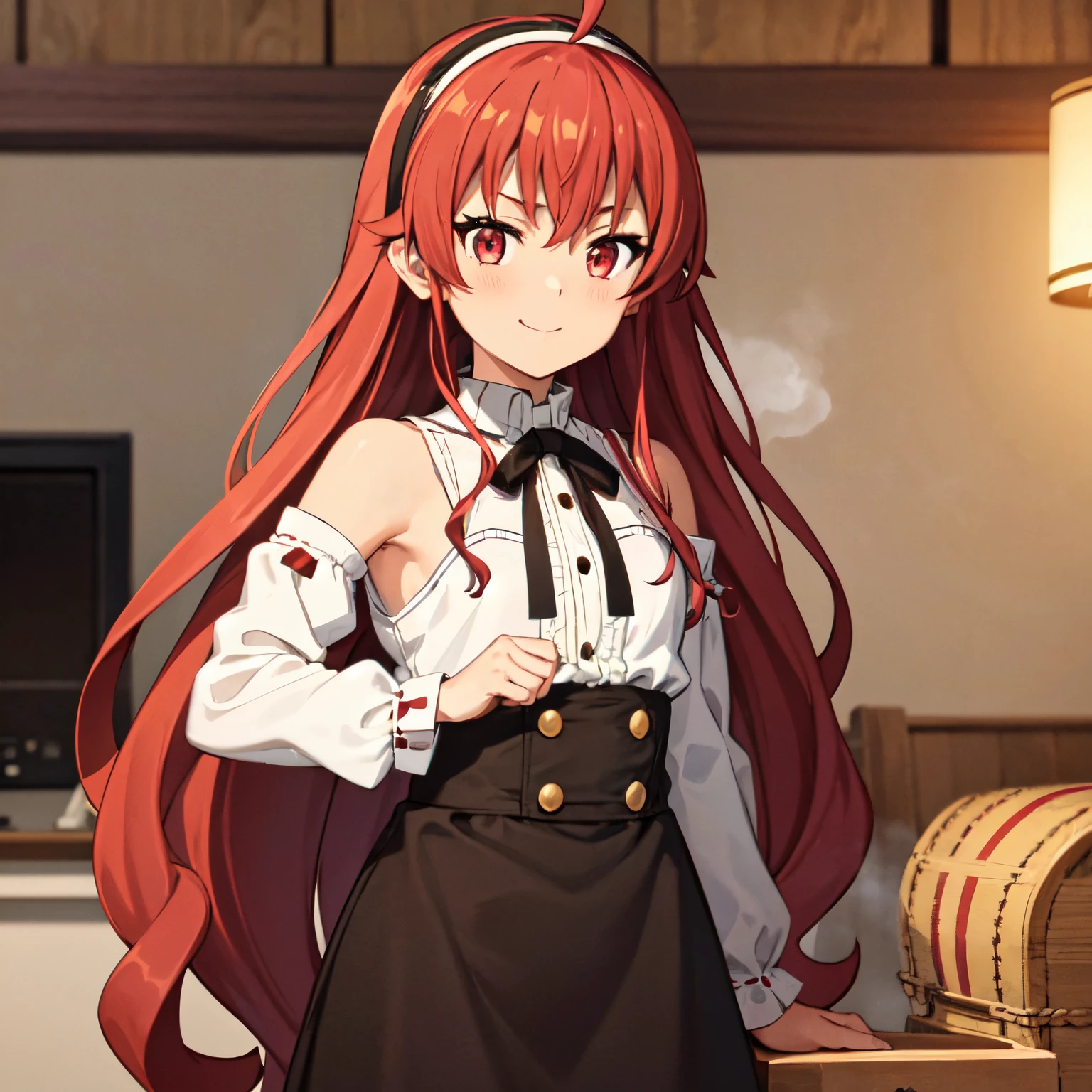 1girl, , , , (steam:1.3),10 years old, ,, ,, ,,,, , , eris boreas greyrat,closed mouth, light smile,long hair, red hair, ahoge, red eyes, black hairband,white dress, bare shoulders, neck ribbon, black ribbon, brown skirt, long sleeves,standing, looking at the viewer, indoors,,, , , ,.,, glistening skin, , shiny skin, brown skin,