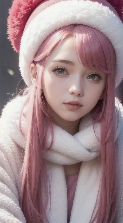 beautiful girl with pink hair on her head, red hat, white fluffy scarf,a lot of details,a closeup of a