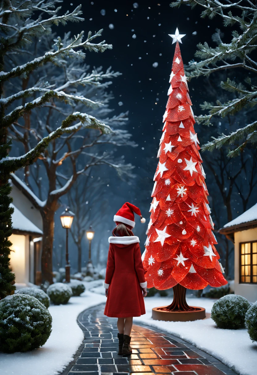 external garden, Mosaic girl sculpture, flagstone road, the night, red christmas hat， hyper realisitc, [Christmas tree]，mirai, hyper realisitc, winter landscape，[Gentle snowfall]，artistic décor, concept-art, Three-dimensional future, lightand shade contrast, Ray traching, mosaic art, wide wide shot, Best quality at best, A high resolution, Award-Awarded, tmasterpiece, 4K