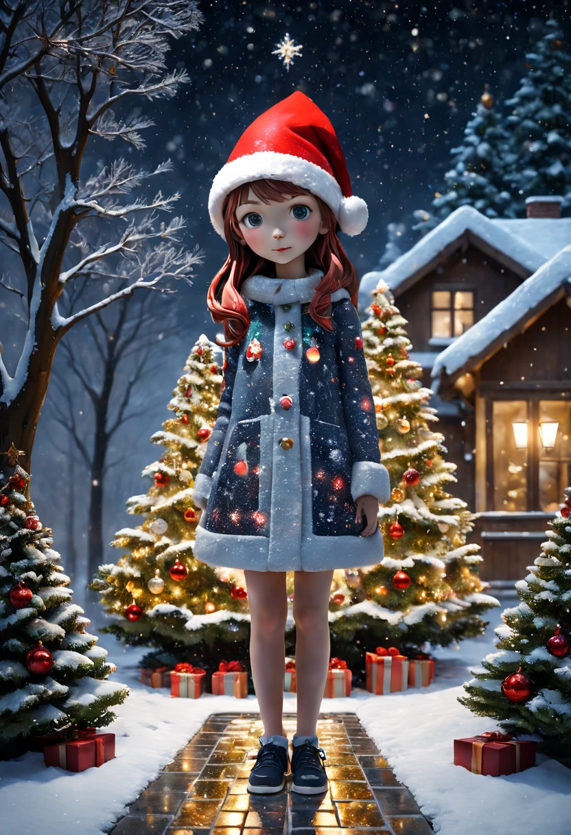 external garden, Mosaic girl sculpture, flagstone road, the night, red christmas hat， hyper realisitc, [Christmas tree]，mirai, hyper realisitc, winter landscape，[Gentle snowfall]，artistic décor, concept-art, Three-dimensional future, lightand shade contrast, Ray traching, mosaic art, wide wide shot, Best quality at best, A high resolution, Award-Awarded, tmasterpiece, 4K