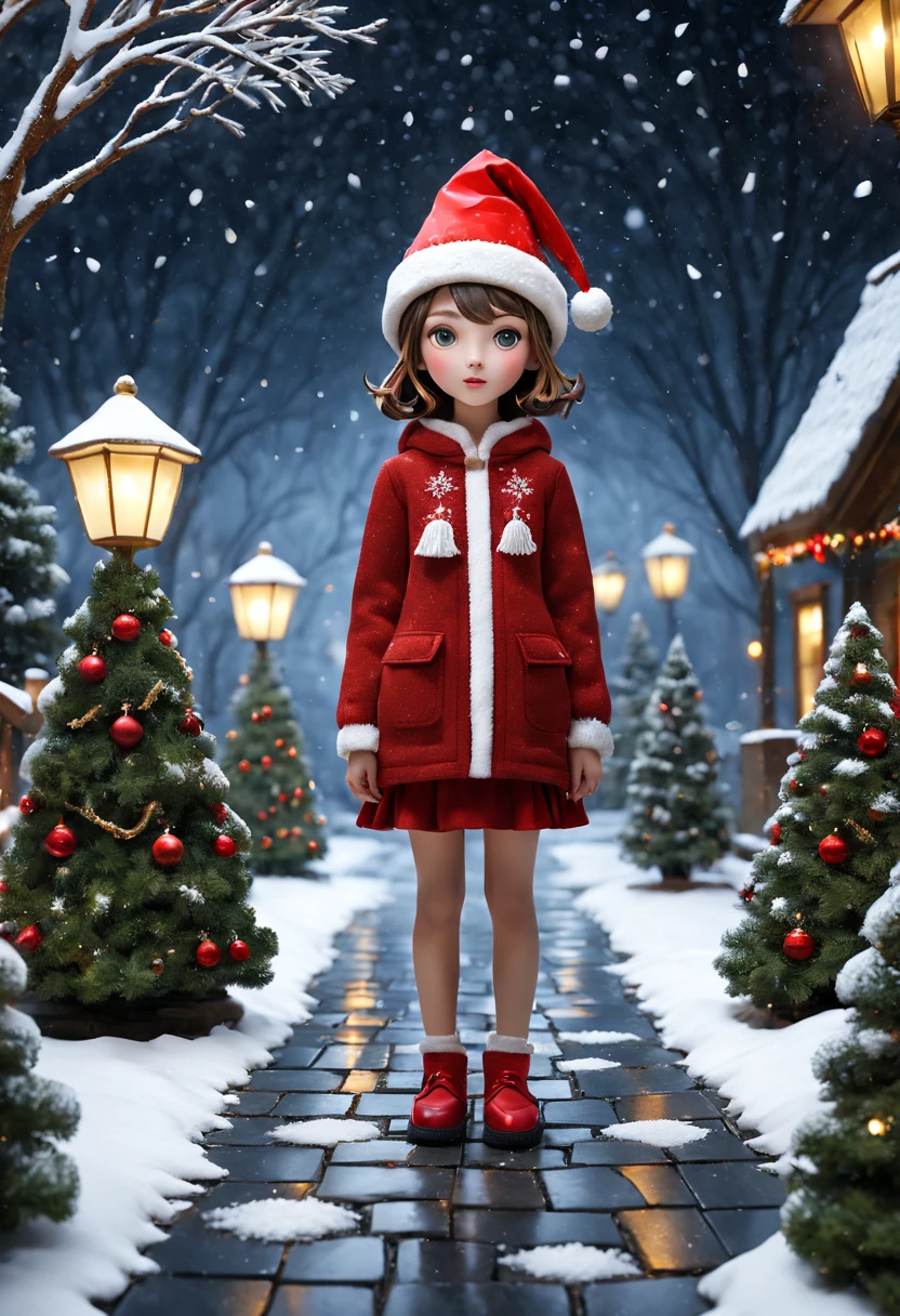 external garden, Mosaic girl sculpture, flagstone road, the night, red christmas hat， hyper realisitc, [Christmas tree]，mirai, hyper realisitc, winter landscape，[Gentle snowfall]，artistic décor, concept-art, Three-dimensional future, lightand shade contrast, Ray traching, mosaic art, wide wide shot, Best quality at best, A high resolution, Award-Awarded, tmasterpiece, 4K