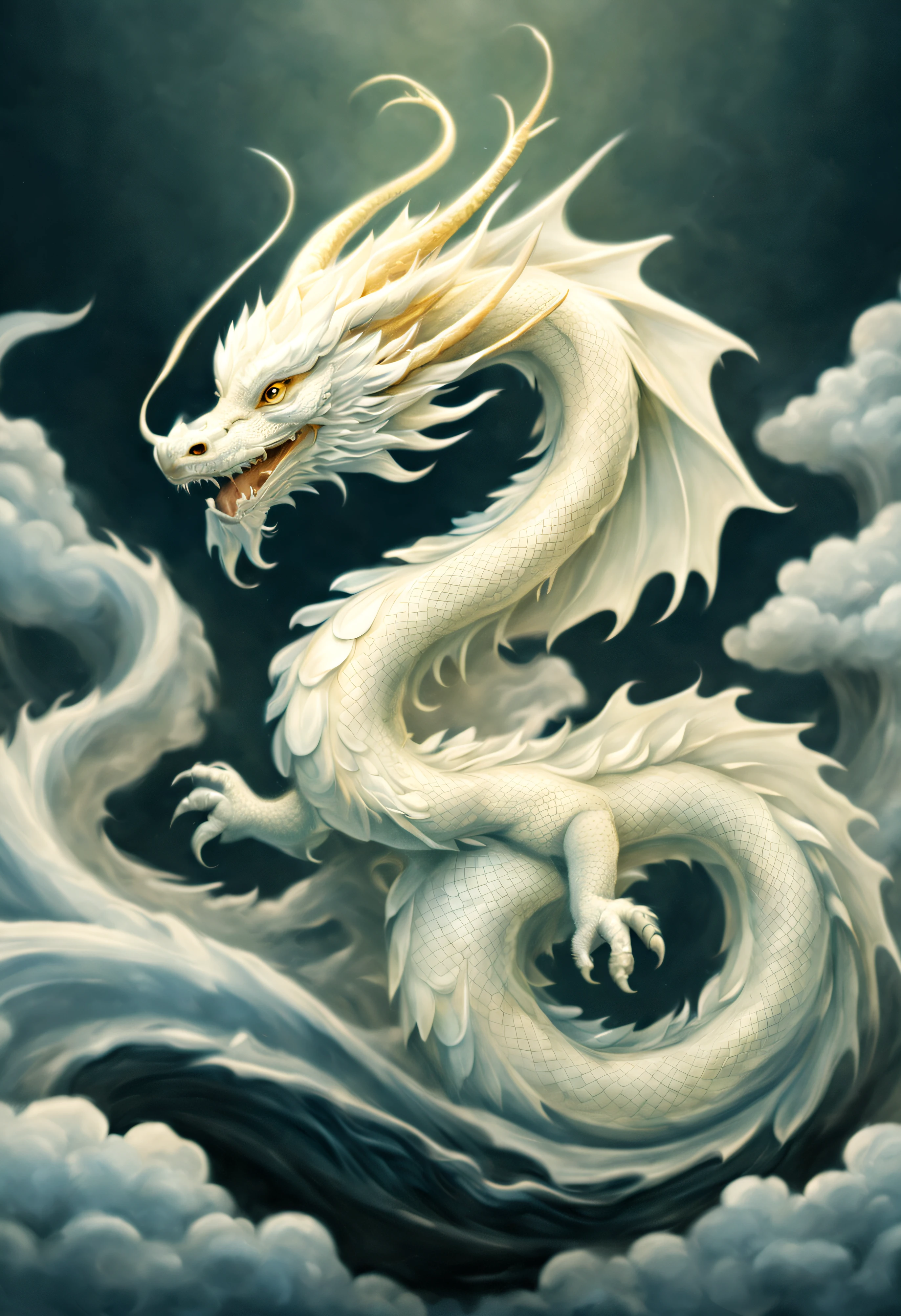 Cute white fat Chinese dragon, Delicate curves, Ethereal negative space art, tranquil ambiance, ultra - detailed, A high resolution, extremly intricate, HighDynamicRange, physically-based renderingt, Delicate scales and texture, ancient and mythical, Mystic aura, Delicate tendrils, Extremely elegant, Dragon scales flash in the light, Intricate patterns, Rotating clouds, mythical creature, Guardians of Mythology,Otherworldly, Traditional calligraphy inspired brush strokes, masterful art, attractive beautiful.