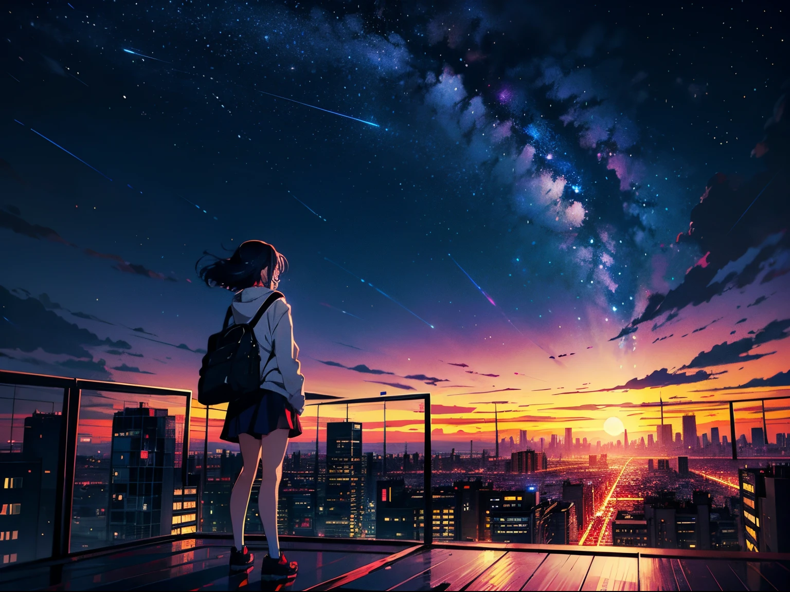 anime girl standing on rooftop looking at night sky with stars, anime wallpaper 4k, anime wallpaper 4 k, 4k anime wallpaper, anime art wallpaper 8 k, anime art wallpaper 4k, anime art wallpaper 4 k, anime style 4 k, makoto shinkai cyril rolando, 4 k manga wallpaper, anime wallpaper, amazing wallpaper, shooting stars