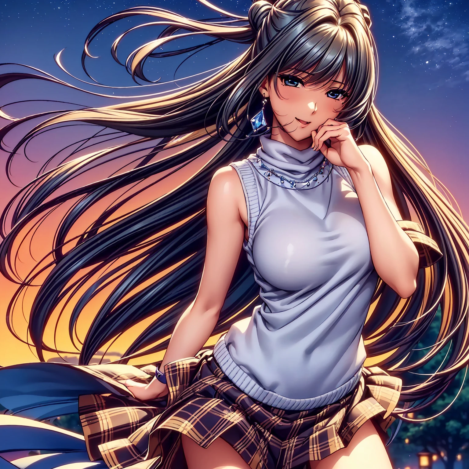 (top quality picture、masterpiece level、very high res、超A high resolution,High quality detailing)、(A 20-year-old beauty with perfect and ultimate beauty..,beautiful breasts and figure,Beautiful body,美丽的面容,Strong-willed eyes:1.5)、(There are many variations of hairstyles,Bangs are neatly arranged,long straight hair on the side,Beautiful hair:1.2),lifelike textures,Beautiful colors,(Wear colored sleeveless knits,Diamond necklace,Wearing a colored plaid pleated skirt),Have a bright smile,line of sight,Mouth opens,The wind is blowing(The wind blows and my skirt flaps,Hair flutters under the influence of the wind:1.2),the beautiful night sky,Streetlights come on,A large bridge crosses,Beautiful Landscapes,(The whole body,thigh visible,accurate anatomy、extremely detailed picture、Accurate images、Perfect Image 1.5)、beautiful anime woman, Beautiful Art Style, an animated character、(The whole picture、Detailed picture、Defect-free images、natural soft light、beautiful image),(Best Shot 1.2)