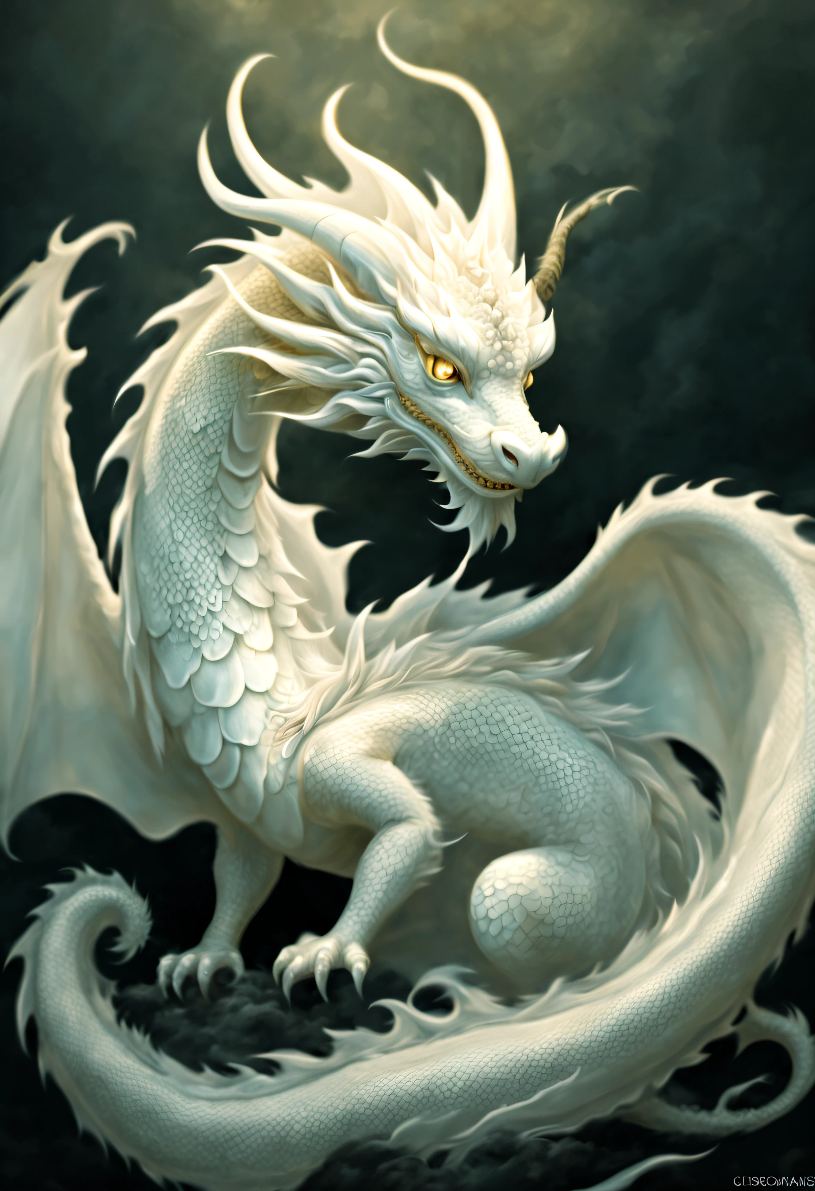 Cute white fat Chinese dragon, Delicate curves, Ethereal negative space art, tranquil ambiance, ultra - detailed, A high resolution, extremly intricate, HighDynamicRange, physically-based renderingt, Delicate scales and texture, ancient and mythical, Mystic aura, Delicate tendrils, Extremely elegant, Dragon scales flash in the light, Intricate patterns, Rotating clouds, mythical creature, Guardians of Mythology,Otherworldly, Traditional calligraphy inspired brush strokes, masterful art, attractive beautiful.