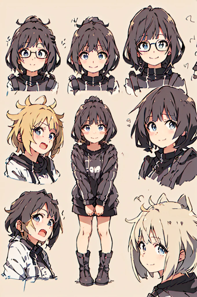 ​masterpiece, top-quality, One lady, Japan people in their 20s, a smile, (A dark-haired, Short Bob Hair, Strengthen curly hair and waves, Shorthair, With bangs, Gather your hair in a ponytail, attach hairpins to bangs), (thick eyebrow, draw thick eyebrows), (drooing eyes, Blue eyes, Blue eyes), Small nose, Thicker lips, (Rimless glasses, Small glasses, glasses for women), a smile, Wheat-toned skin, and draw the full body, dynamic sitting pose(Huza), (Looking at the camera, Front of camera, Look at viewers, Front attitude, Turn your face to the viewer, face forwards).