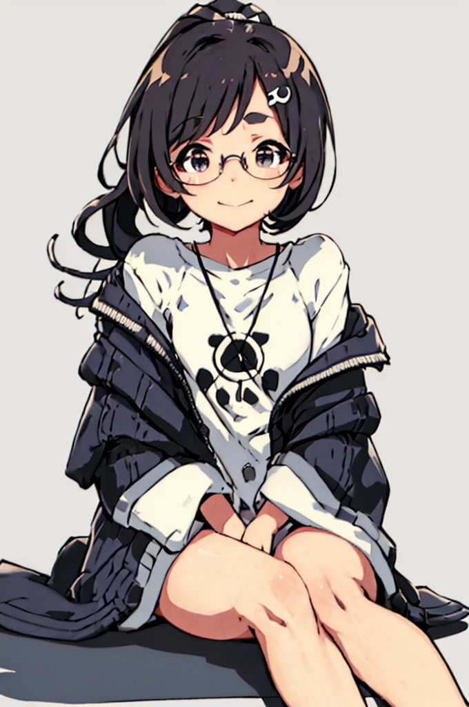 masterpiece, top-quality, One lady, Japan people in their 20s, a smile, (A dark-haired, Short Bob Hair, Strengthen curly hair and waves, Shorthair, With bangs, Gather your hair in a ponytail, attach hairpins to bangs), (thick eyebrow, draw thick eyebrows), (drooing eyes, Blue eyes, Blue eyes), Small nose, Thicker lips, (Rimless glasses, Small glasses, glasses for women), a smile, Wheat-toned skin, and draw the full body, dynamic sitting pose(Huza), (Looking at the camera, Front of camera, Look at viewers, Front attitude, Turn your face to the viewer, face forwards).