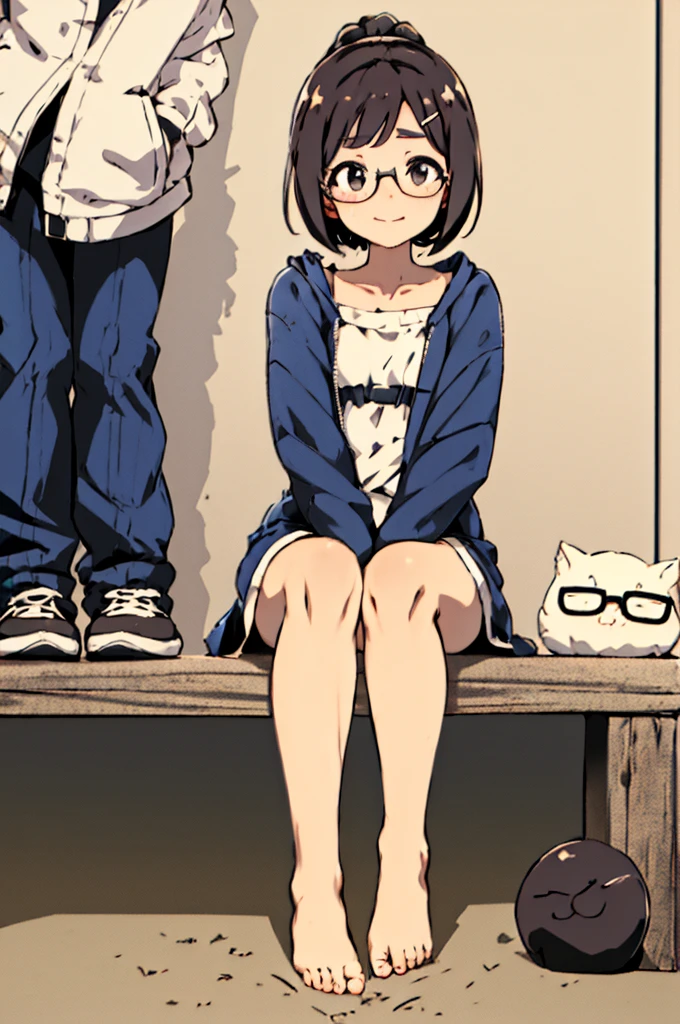 masterpiece, top-quality, One lady, Japan people in their 20s, a smile, (A dark-haired, Short Bob Hair, Strengthen curly hair and waves, Shorthair, With bangs, Gather your hair in a ponytail, attach hairpins to bangs), (thick eyebrow, draw thick eyebrows), (drooing eyes, Blue eyes, Blue eyes), Small nose, Thicker lips, (Rimless glasses, Small glasses, glasses for women), a smile, Wheat-toned skin, and draw the full body, dynamic sitting pose(Huza), (Looking at the camera, Front of camera, Look at viewers, Front attitude, Turn your face to the viewer, face forwards).