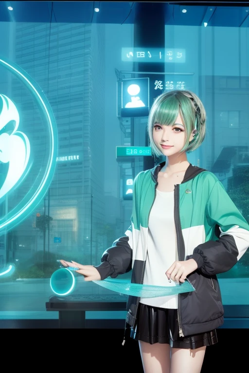shorth hair、A smile、Short hair,green colored hair,Emerald hair,Beautiful bangs、40 years、Glowing white shiny skin、Know、Flow of hair that extends to the face、bangs between eyeliner hair、high resolution eye beauty, Bright and clear, Big light blue eyes shine charmingly、Green dress、White jacket、eye liner、(Ultra Real), (Illustration), (High resolution), (in 8K), (Very detailed), (Best Illustration), (Beautiful quality with attention to detail), (ultra-detailliert), (masutepiece), (Wallpaper), (Detailed face), drooing eyes,Upper Body Up, Solo,  Colossal tits