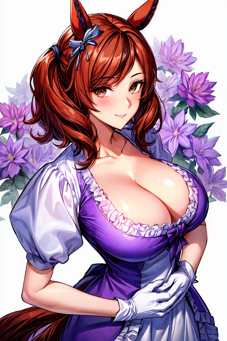 (sexy-style), floral background, romance manhwa, 1girl, nicenature, solo, horse ears, horse girl, flower, dress, tiara, white dress, gloves, long sleeves, thick eyeblows, purple dress, white gloves, purple bow, purple flower, standing, bow, jewelry, looking at viewer, white background, closed mouth, collarbone, smile, puffy sleeves, hands on hip, upper body, parted bangs, brown hair, frills, bangs, cowboy shot, gigantic sagging breasts, cleavage