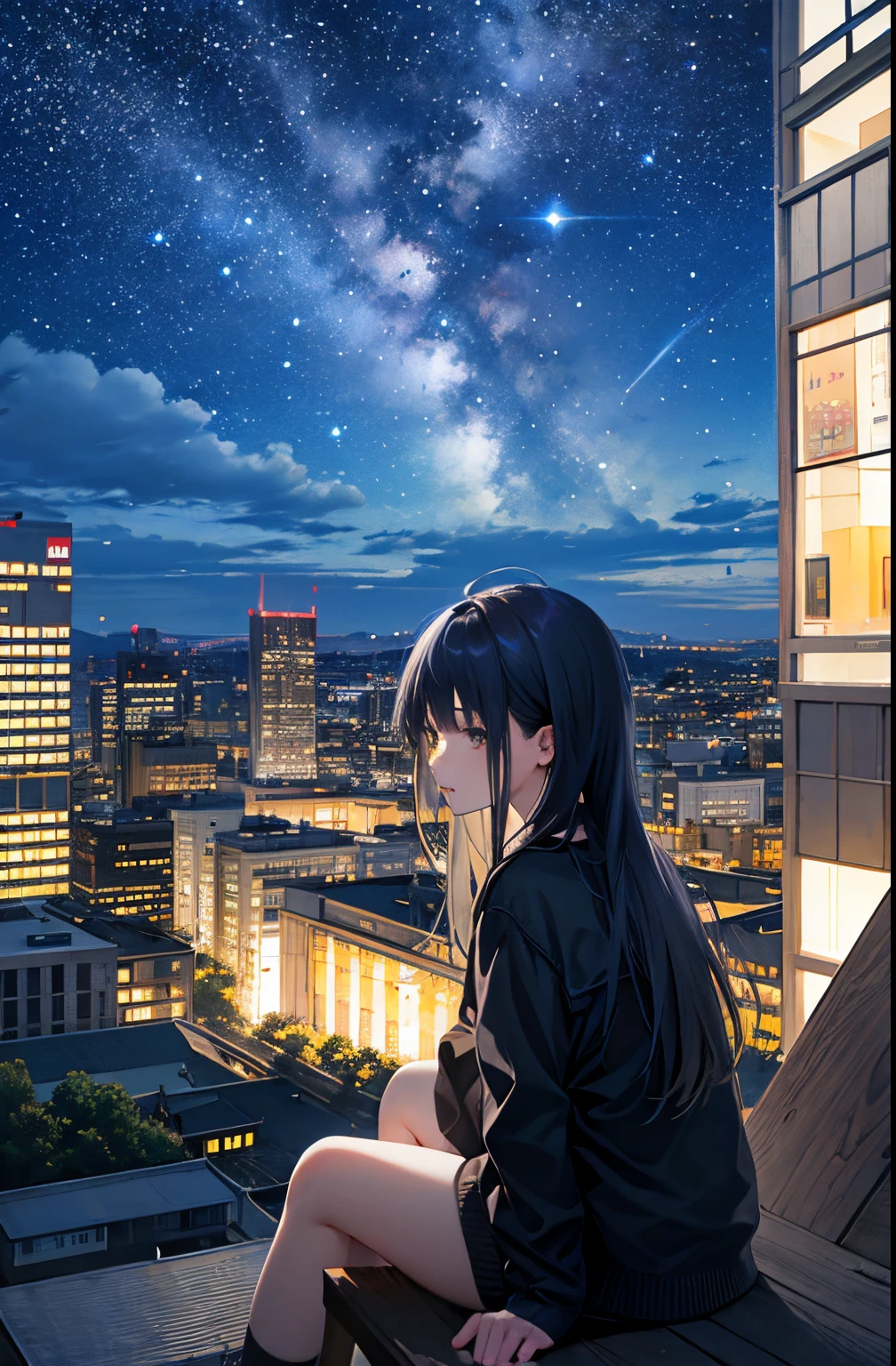 octans, sky, star (sky), scenery, starry sky, night, 1girl, night sky, solo, outdoors, building, cloud, milky way, sitting, tree, long hair, city, silhouette, cityscape