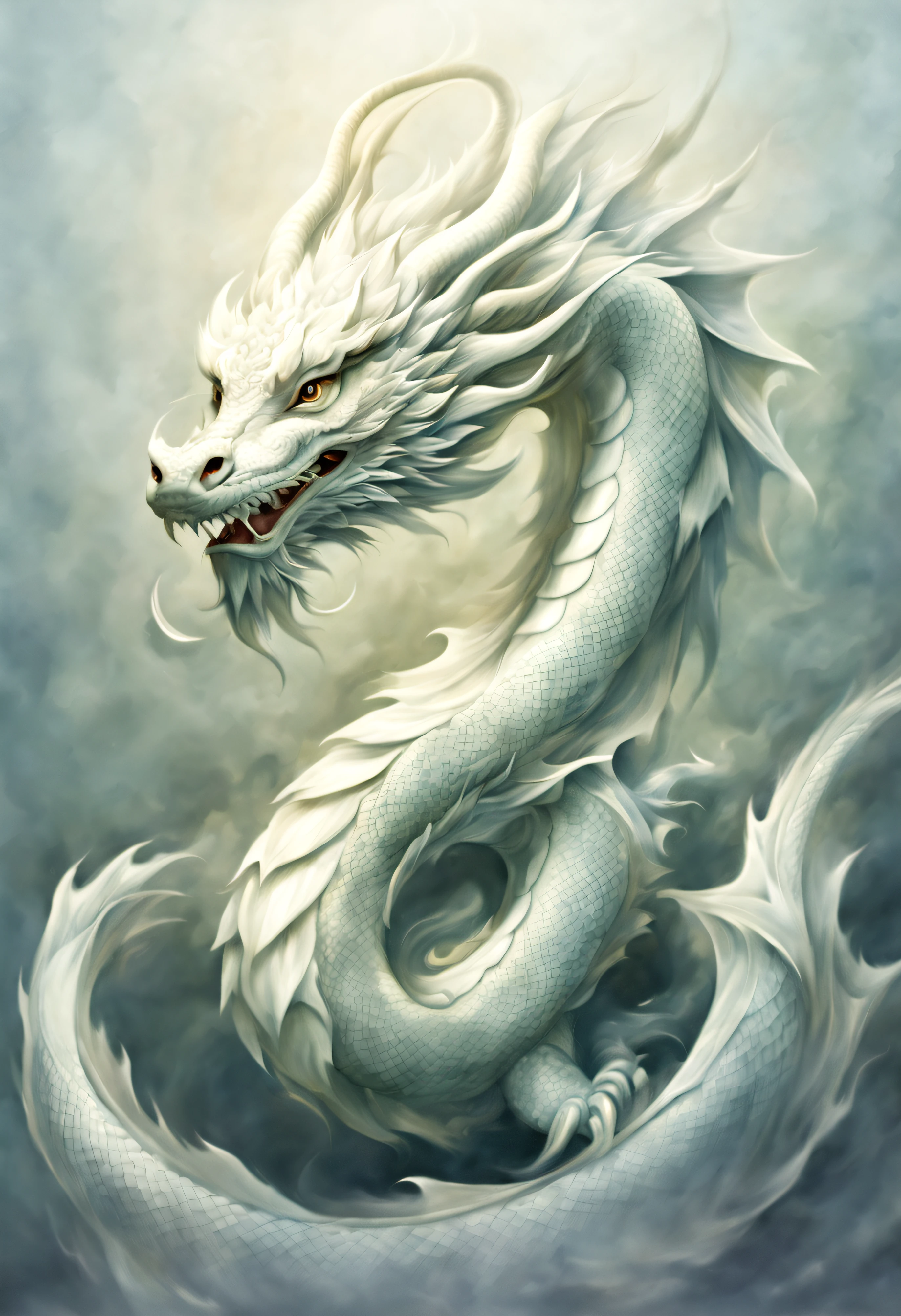 Cute white fat Chinese dragon, Delicate curves, Ethereal negative space art, tranquil ambiance, ultra - detailed, A high resolution, extremly intricate, HighDynamicRange, physically-based renderingt, Delicate scales and texture, ancient and mythical, Mystic aura, Delicate tendrils, Extremely elegant, Dragon scales flash in the light, Intricate patterns, Rotating clouds, mythical creature, Guardians of Mythology,Otherworldly, Traditional calligraphy inspired brush strokes, masterful art, attractive beautiful.