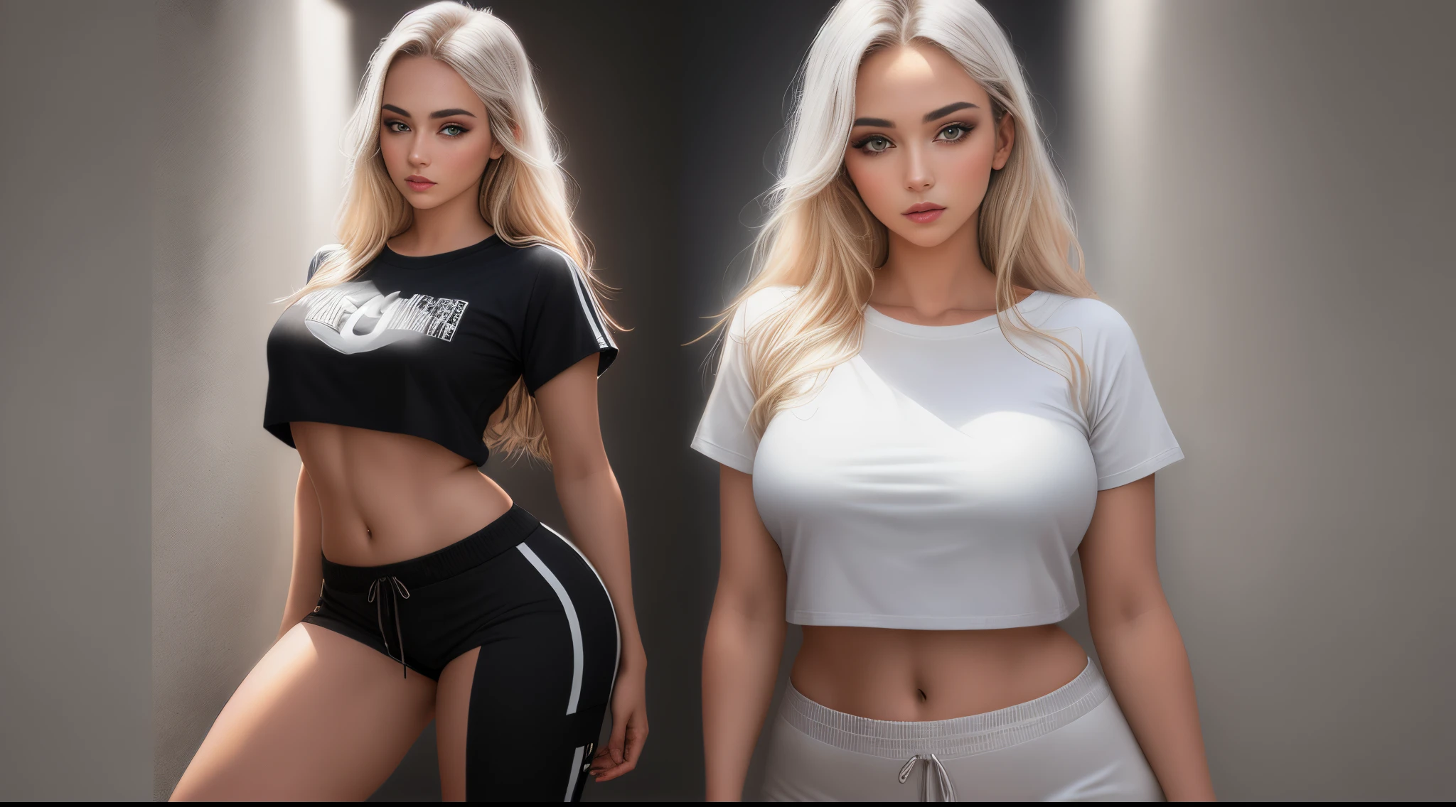 1 girl named Sarah with long blonde gray hair, dyed loose hair, Long hairstyle, perfect detailed face, Detailed symmetrical green eyes with a round iris, Beautiful, Walking and posing, Look at the observer, 19-year-old girl, looks like Madison Beer, extremely detailed face, Model, Realistic, Real life, perfect photorealistic picture, Realistic, , hourglass figure, Stunning realistic photography, Detailed fingers, detailed realistic face, Soft fingers, real human nails, Extremely attractive girl, perfect detailed tan, small eyes, perfectly detailed face with realistic complexion and finely porous skin, small nose, Model, Perfect posture, Natural limbs, long legs, detailed symmetrical eyeballs, symmetric eyes, Realistic eyeballs, Realistic detailed eyes, cute plump closed lips, makeup, no long neck, no long waist, Perfect proportional body, seductive gaze, Looking in the direction of the viewer, Fascinating facial features, ah high, two arms, Two legs, one head, tiny breasts, realistic natural bodies, realistic shadows, Mystical epiphany, 8K, UHD, ((body facing the viewer, Pointing at the camera)), "wide-angle", Full-body shot, full pose, photo studio white background, seduce a little, Cinematic world, Cover photo in the center of Hipereallistic, Stunning full-color, Cinematic, neoprene, behance contest winner, portraite of a, presented at UnsplasH, stylized digital art, Smooth, extra high resolution, Wearing an oversized white T-shirt and black Acronym J36-S sweatpants... (T-shirt only white), black and white sneakers, instagram model, 80mm ,  Streetwear , Realistic,round ass