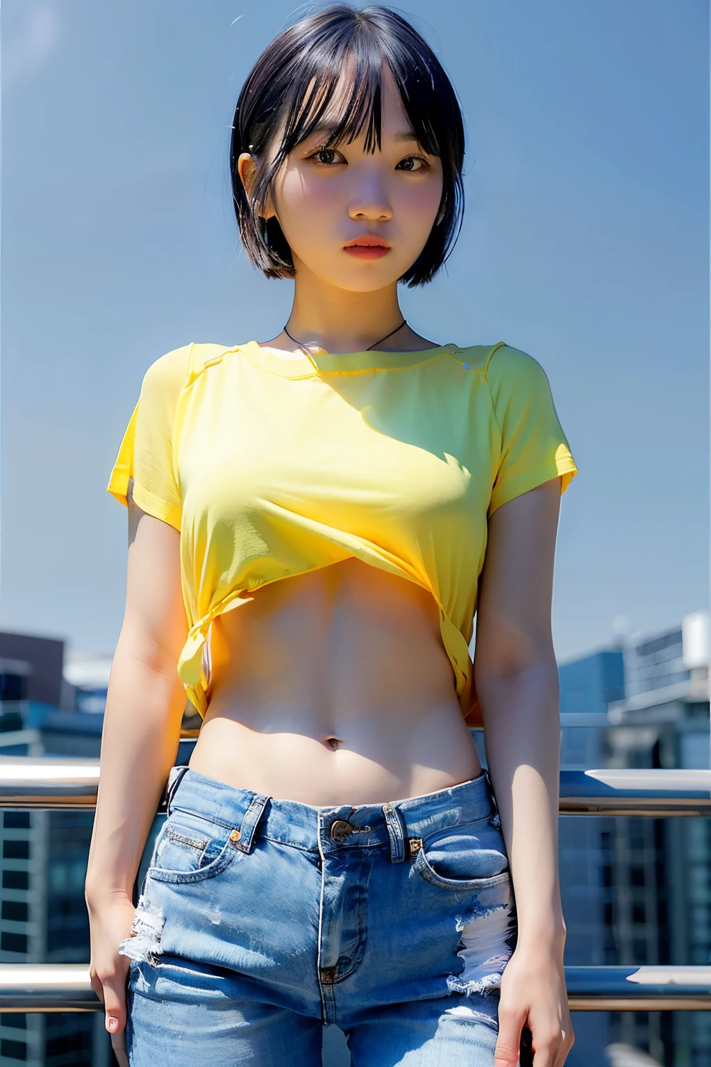 (masutepiece:1.2), (Best Quality:1.2), (Extremely detailed:1.2), (extra detailed face), (Photorealistic:1.2), (ultra-detailliert), 1girl in, Upshirt close-up, underboob, loose yellow shirt, Short Blue Jeans, (Sexy panty straps:0.5),slim and petite body, medium boobs, Short hair, (Full body:1.2), Pose Seductive, Looking at Viewer, (View from below:1.2), ulzzang -6500-v1.1