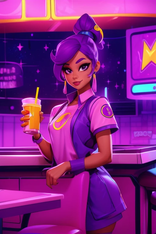 Female cashier at a cosmic themed McDonalds, delivering a drink to customer, purple and yellow color scheme in the restaurant,