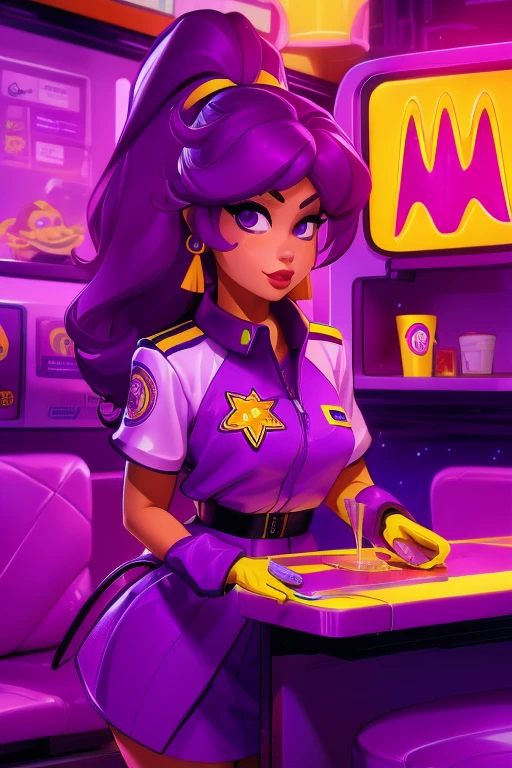 Female cashier at a cosmic themed McDonalds, delivering a drink to customer, purple and yellow color scheme in the restaurant,